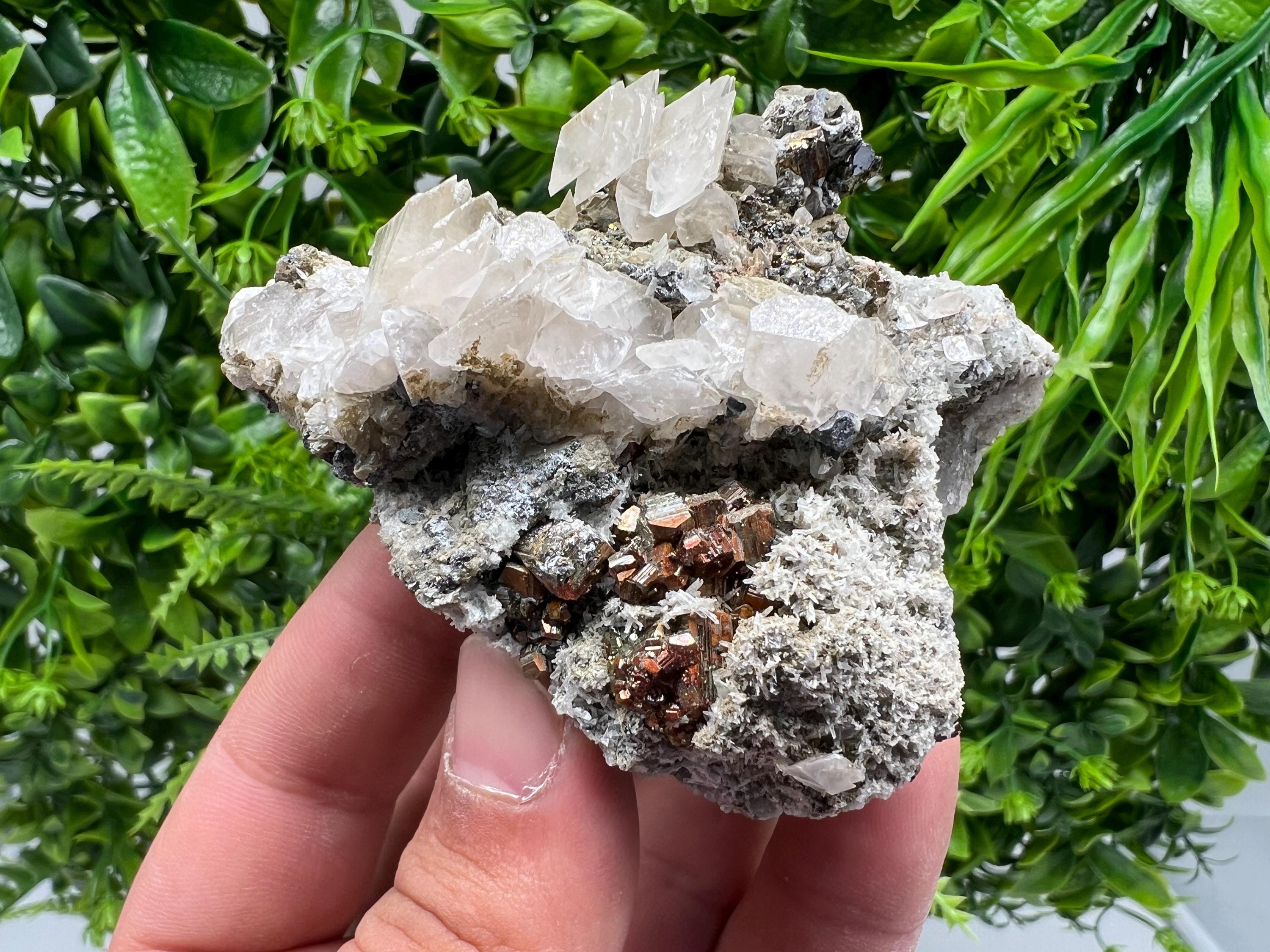Wonderful Red Pyrite,Calcite on Quartz from Borieva mine,Madan,Bulgaria,natural,collectible mineral specimen,home decor stone,gift minerals