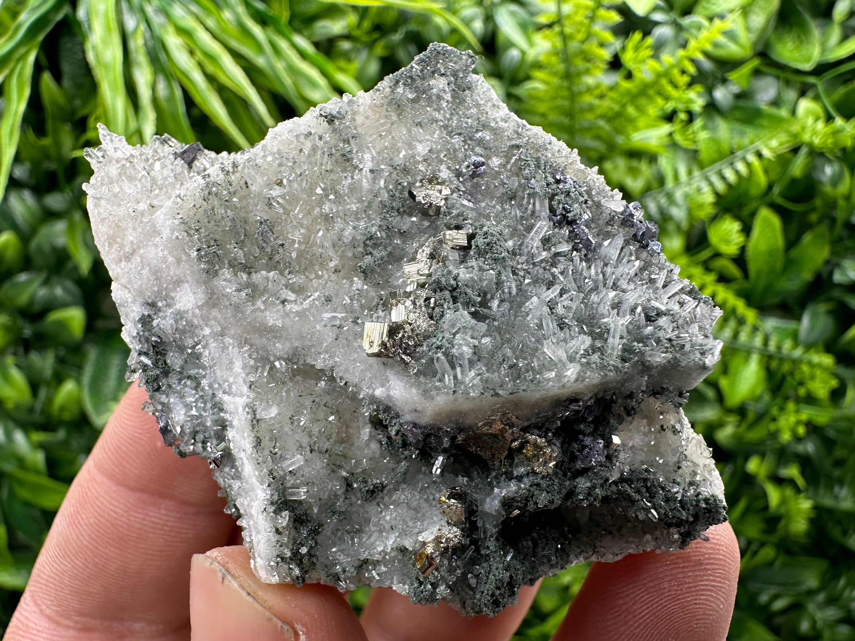 Pyrite on Green Quartz Mineral Specimen, Borieva Mine Bulgaria