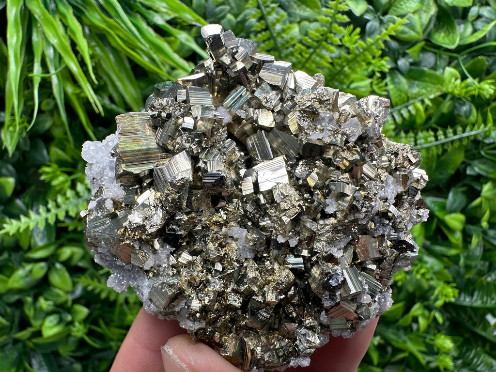 Rainbow Pyrite on Calcite Cluster, Bulgaria Mineral Specimen