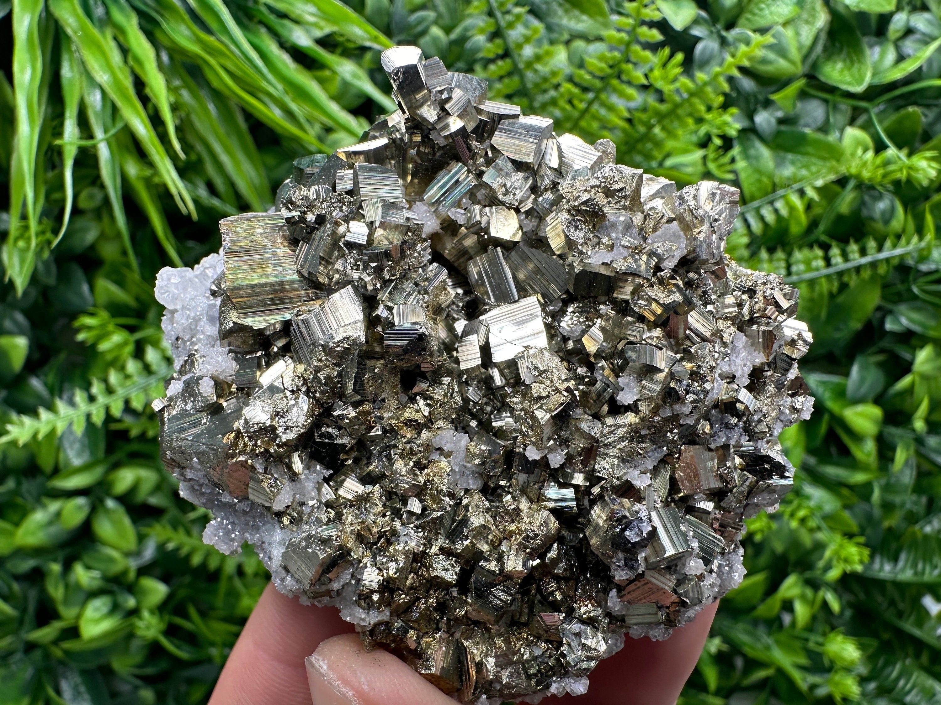 Rainbow Pyrite on Calcite Cluster, Bulgaria Mineral Specimen