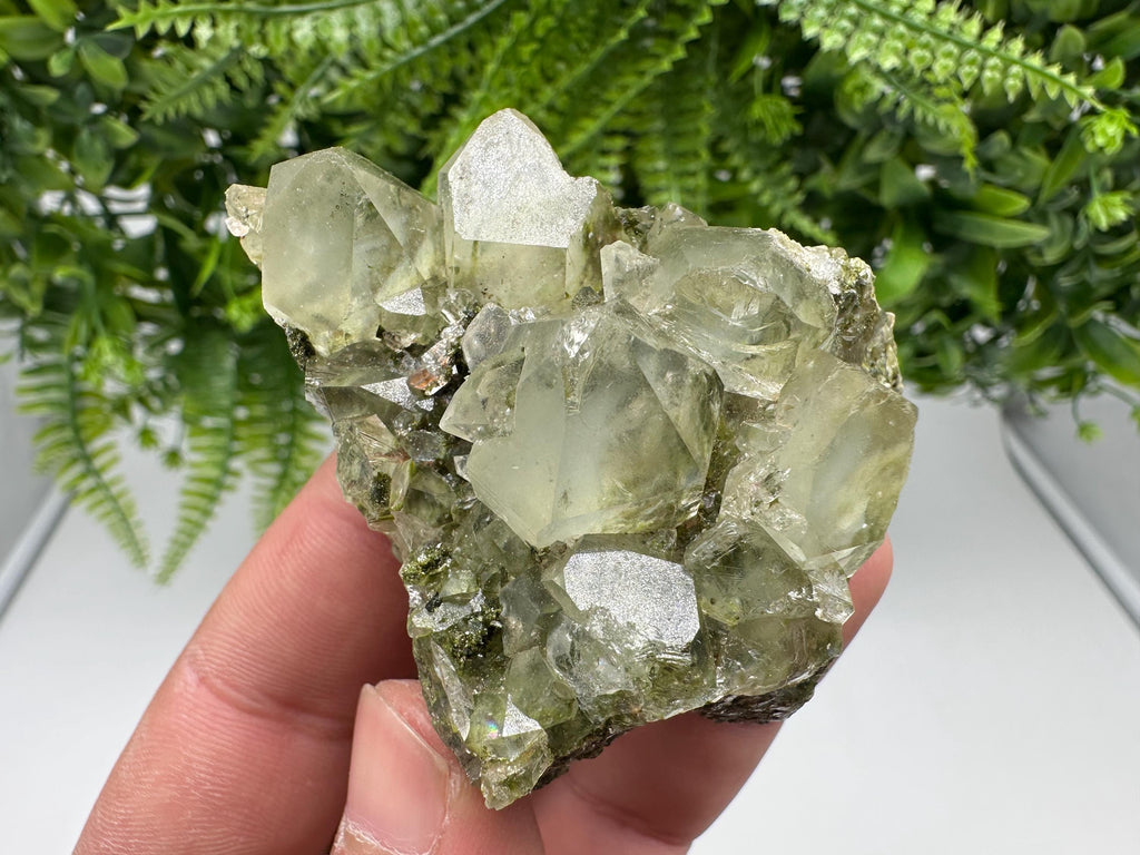 Rare Green Epidote with Quartz Crystals: Sparkly Rainbow Stone Decor