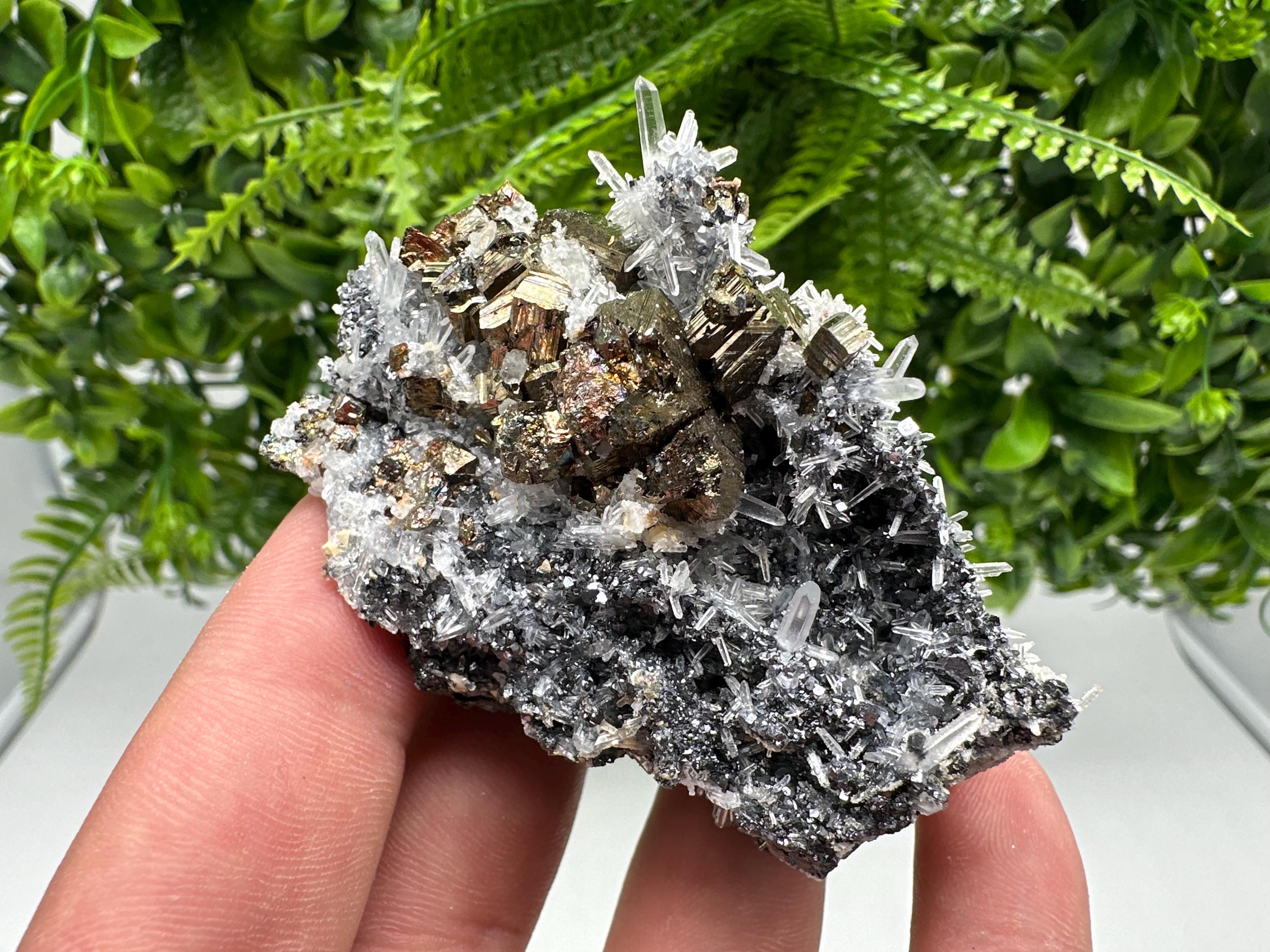Rainbow Pyrite Sphalerite on Quartz: Natural Crystal Home Decor