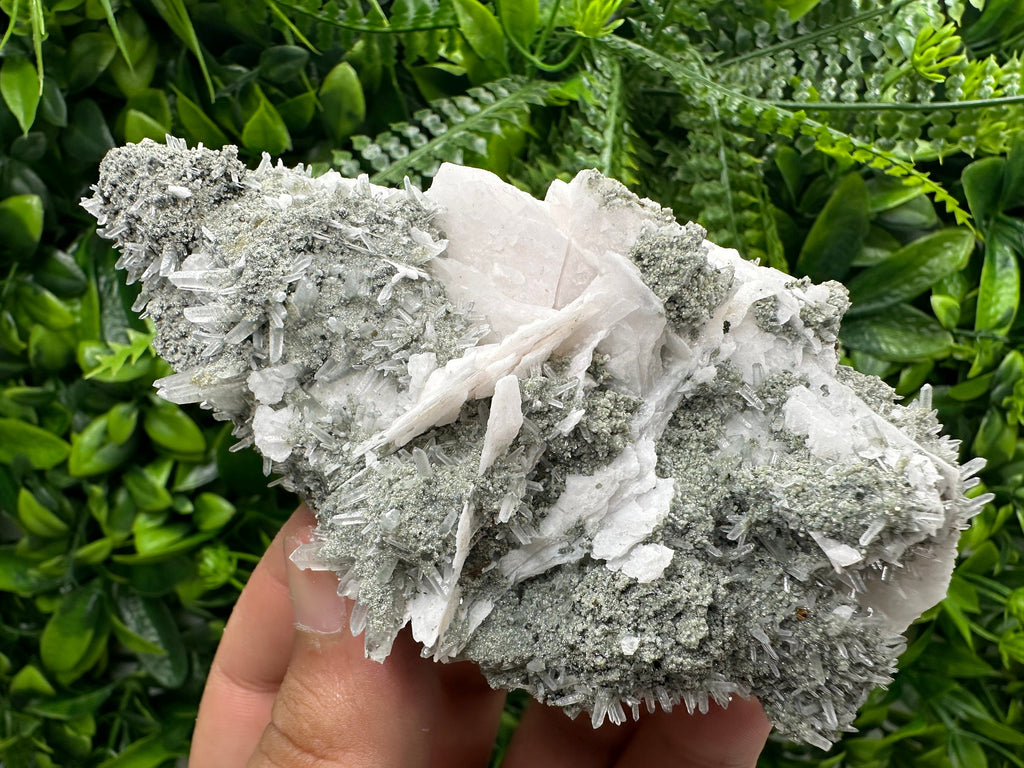 Calcite on Green Quartz: Borieva Mine Crystal Decor
