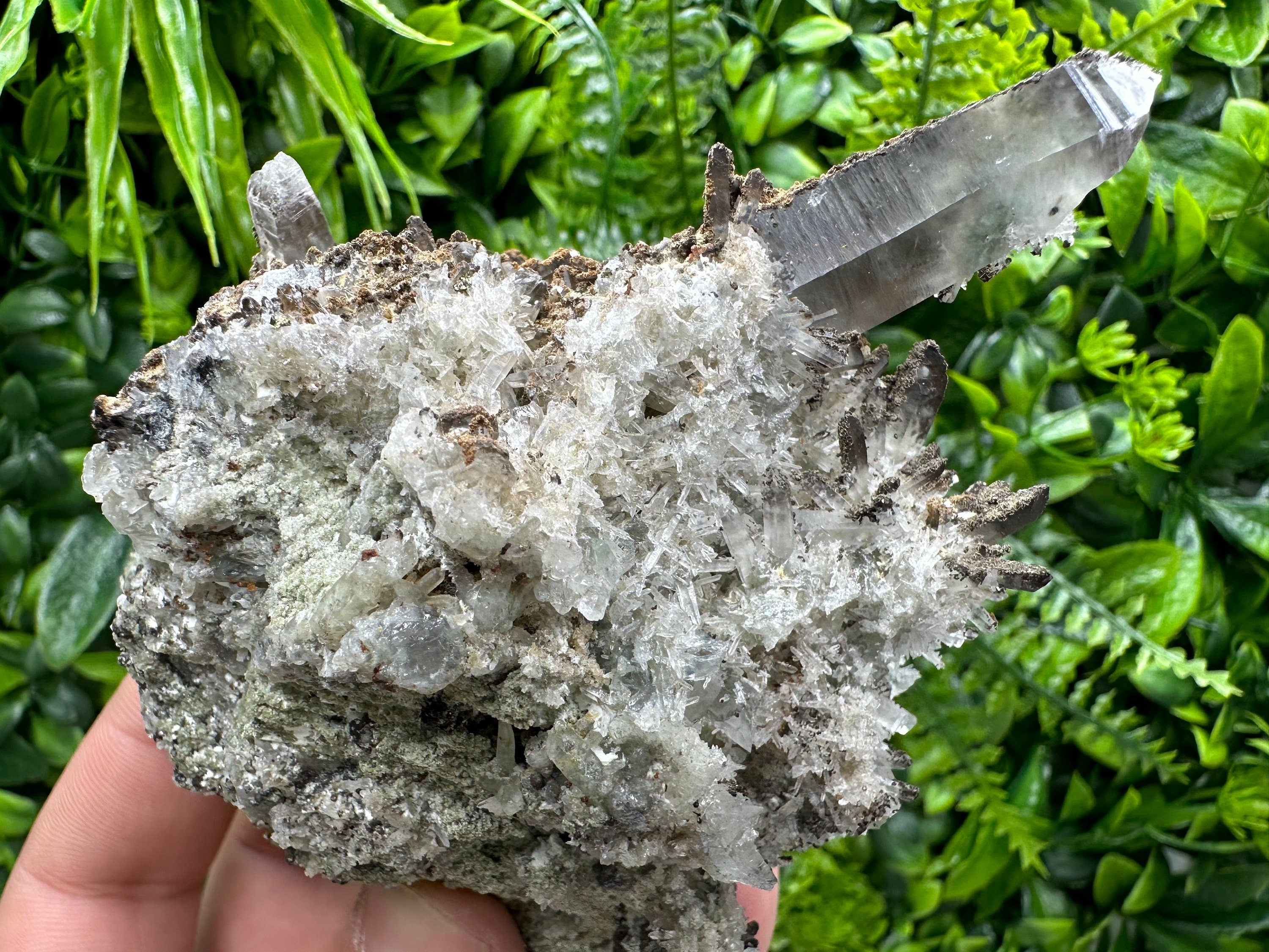 Quartz Crystal Specimen: Smoky, Clear, Chalcopyrite, Siderite, Calcite