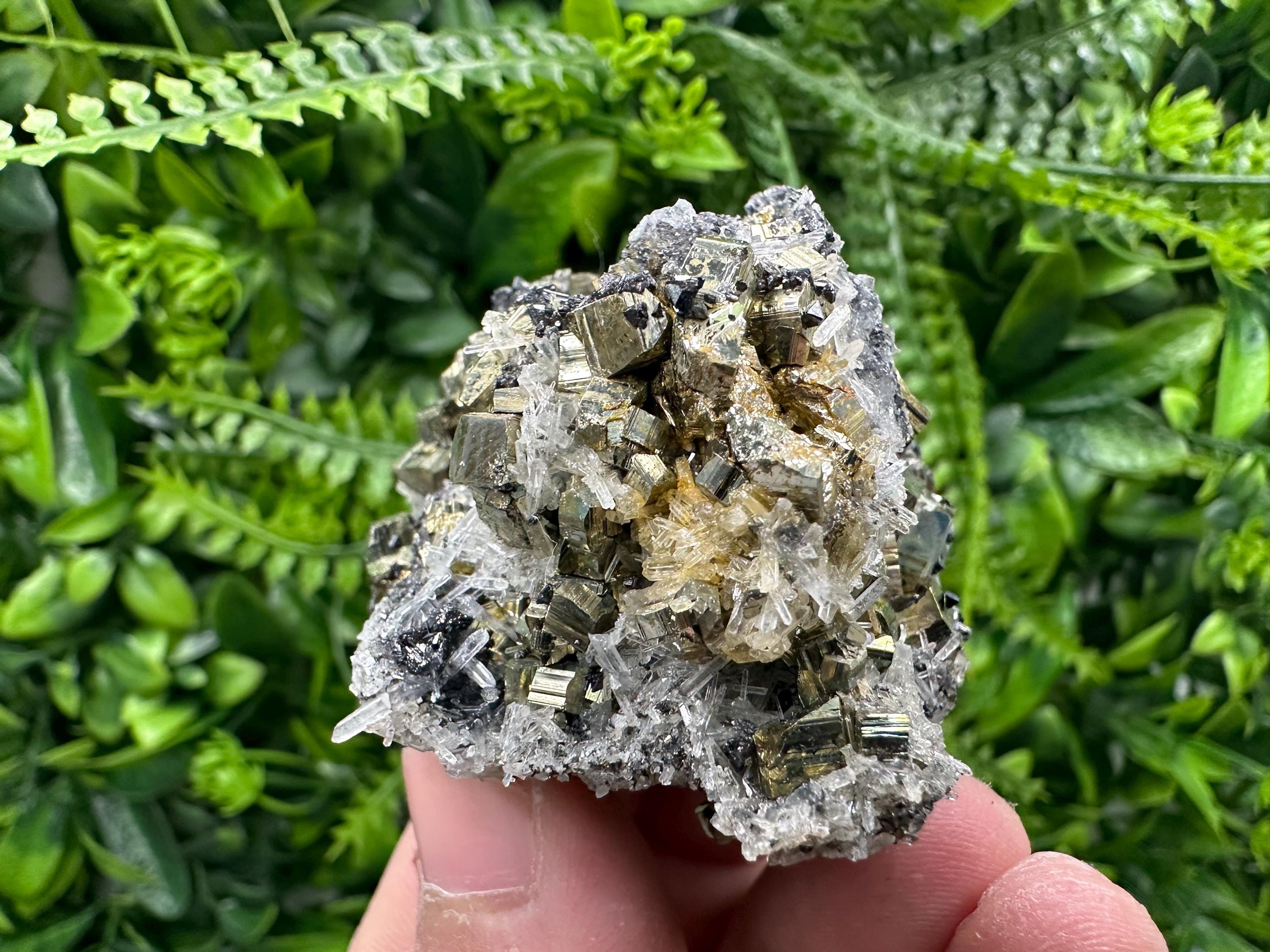 Rainbow Pyrite Cluster on Sphalerite Quartz, Borieva Mine Mineral Specimen