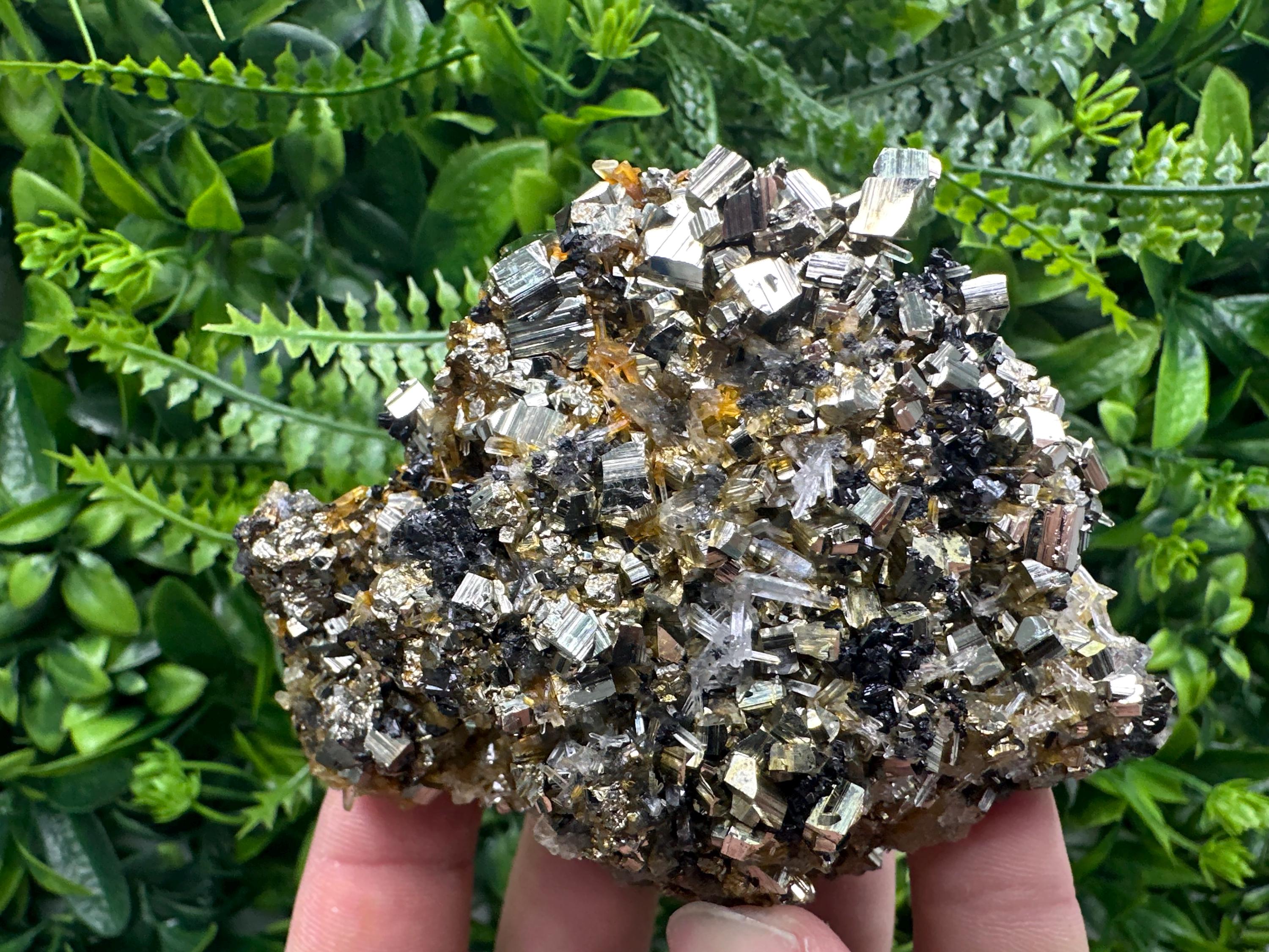 Rainbow Pyrite Cluster on Sphalerite Quartz, Borieva Mine Mineral Specimen