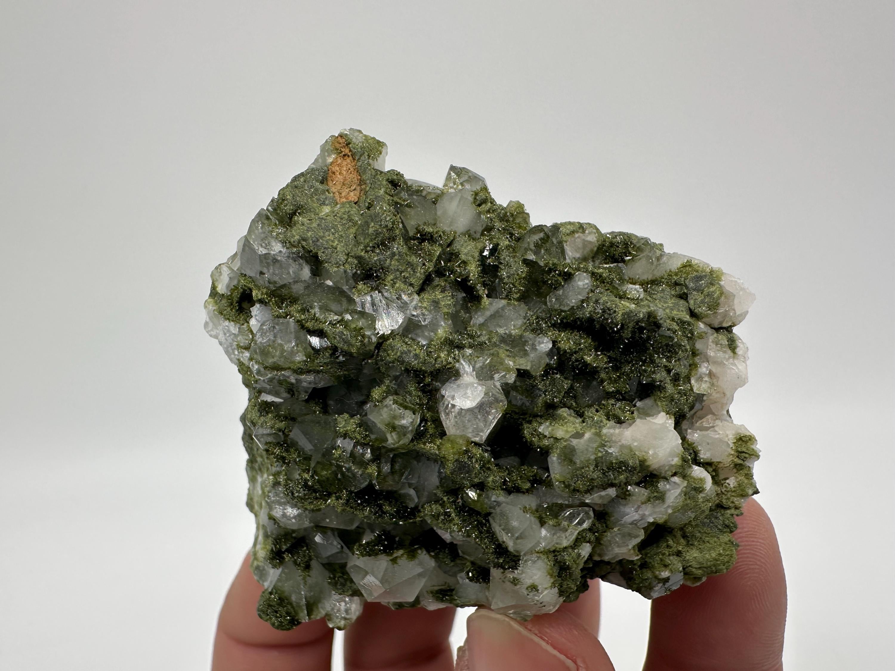 Rare Green Epidote with Quartz Crystals: Sparkly Rainbow Stone Decor