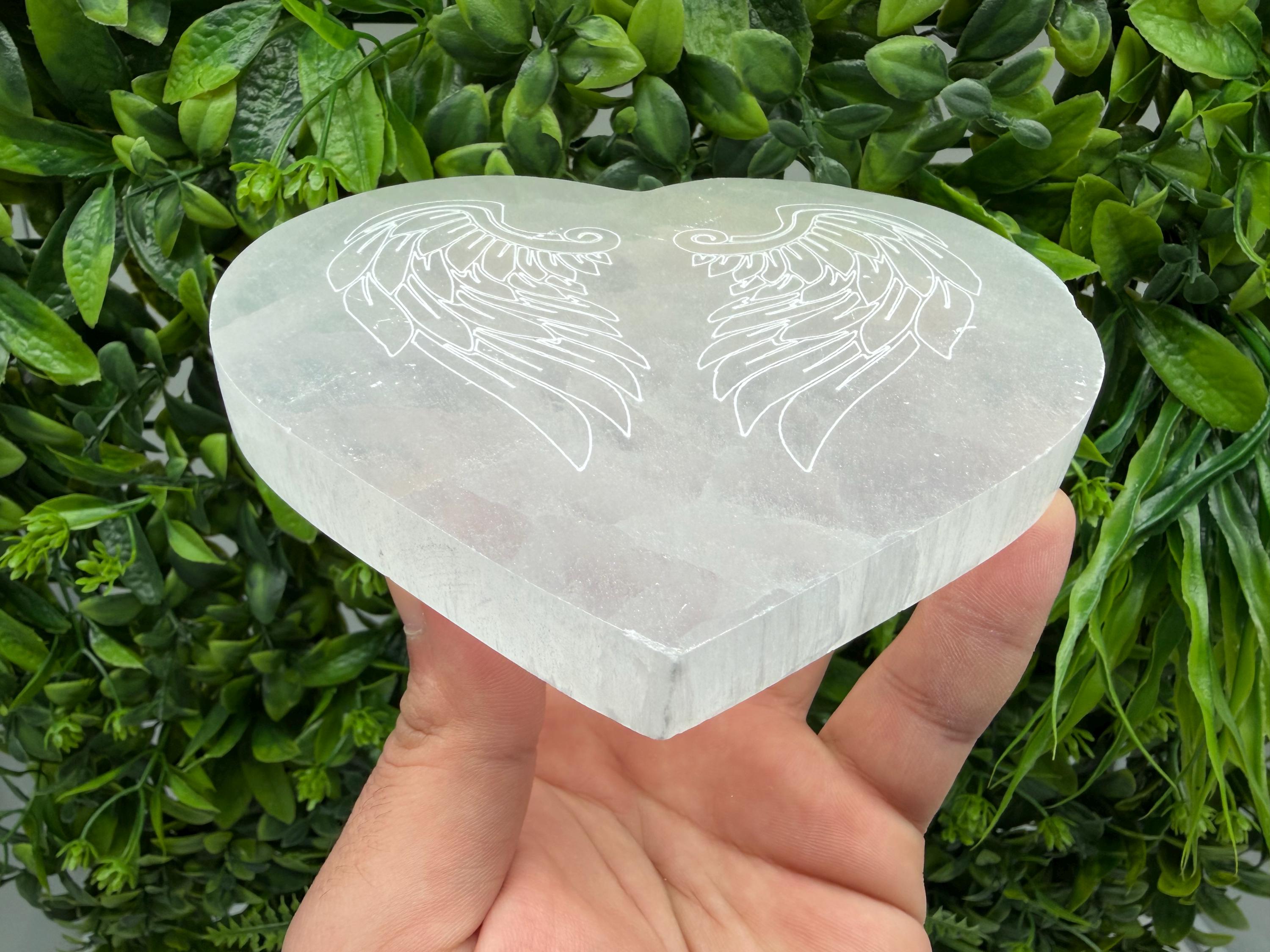 Selenite Heart with Angel Wings Selenite Charging Plate Crystal Charging Dish – Reiki Healing Crystal – Spiritual Altar Decor Angel Energy