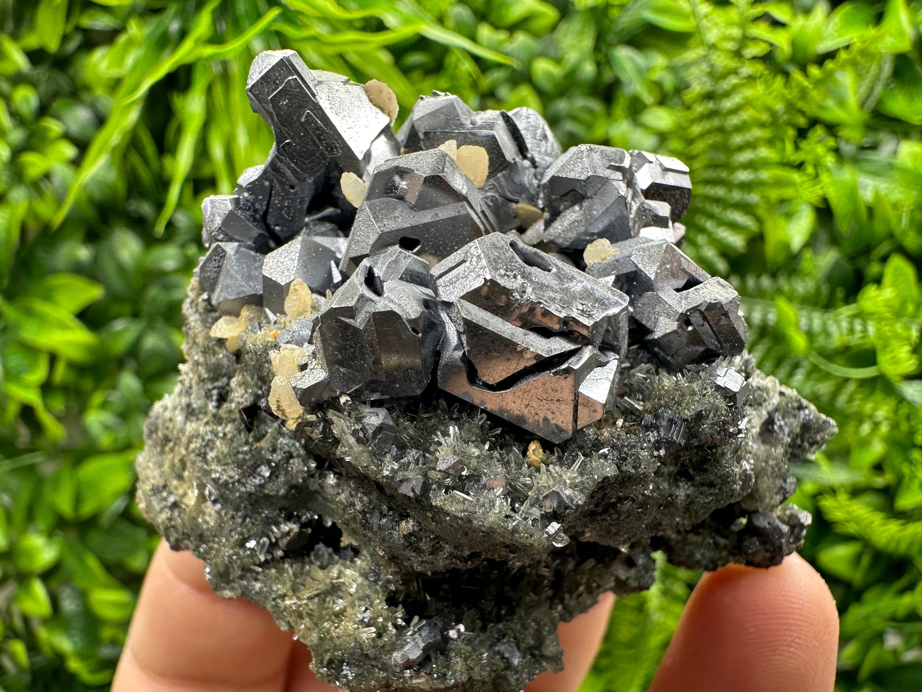 Galena with Calcite on Needle Quartz, Borieva Mine Mineral Specimen