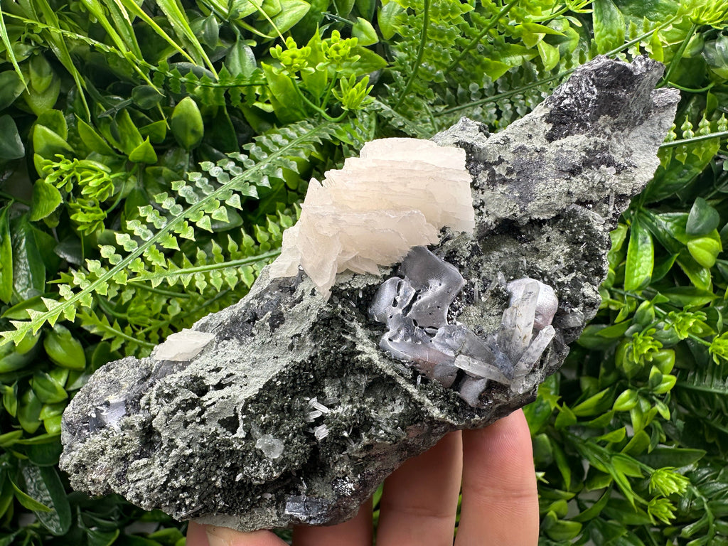 Galena Calcite on Quartz Cluster, Borieva Mine Mineral Specimen