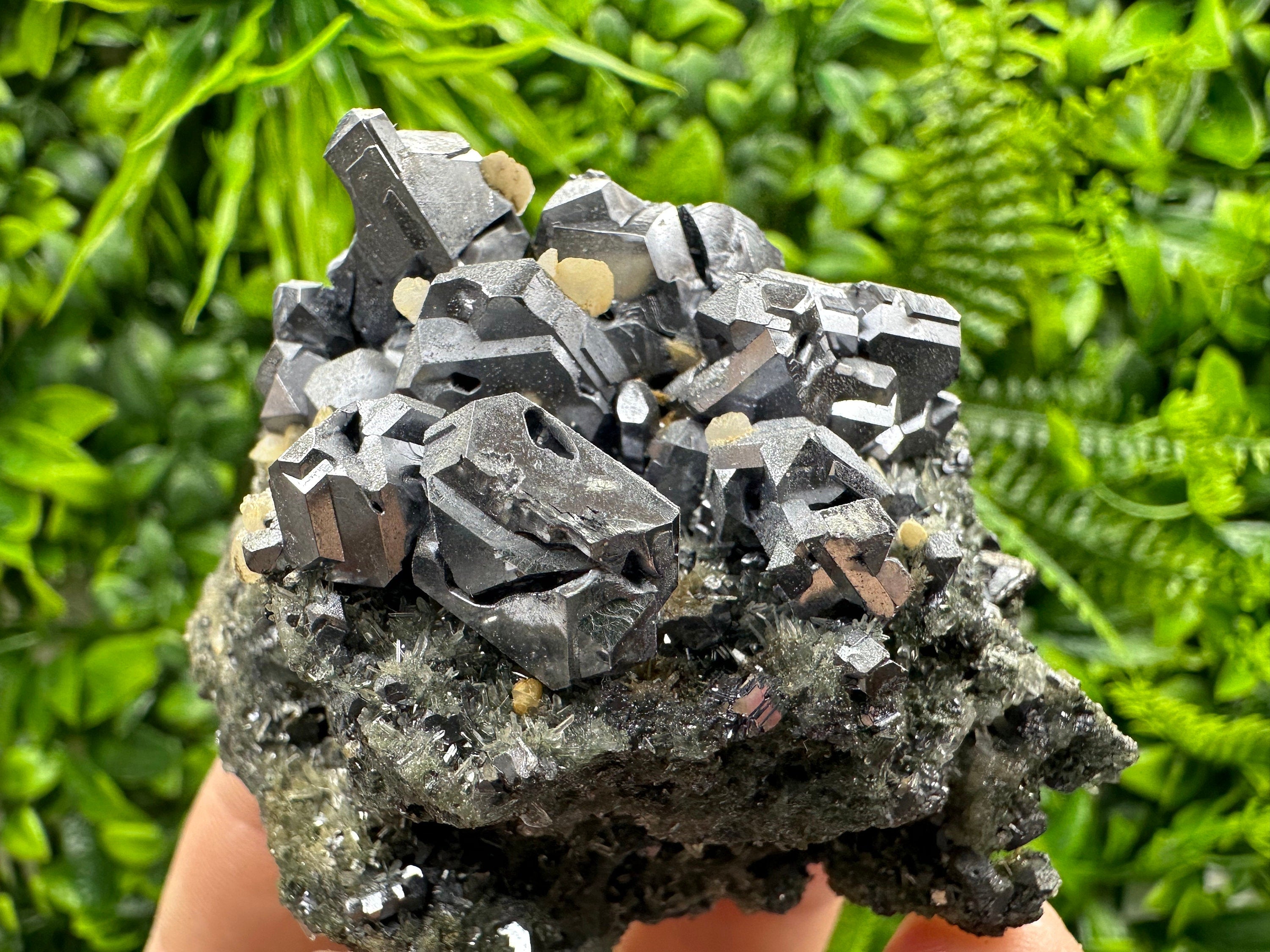 Galena with Calcite on Needle Quartz, Borieva Mine Mineral Specimen