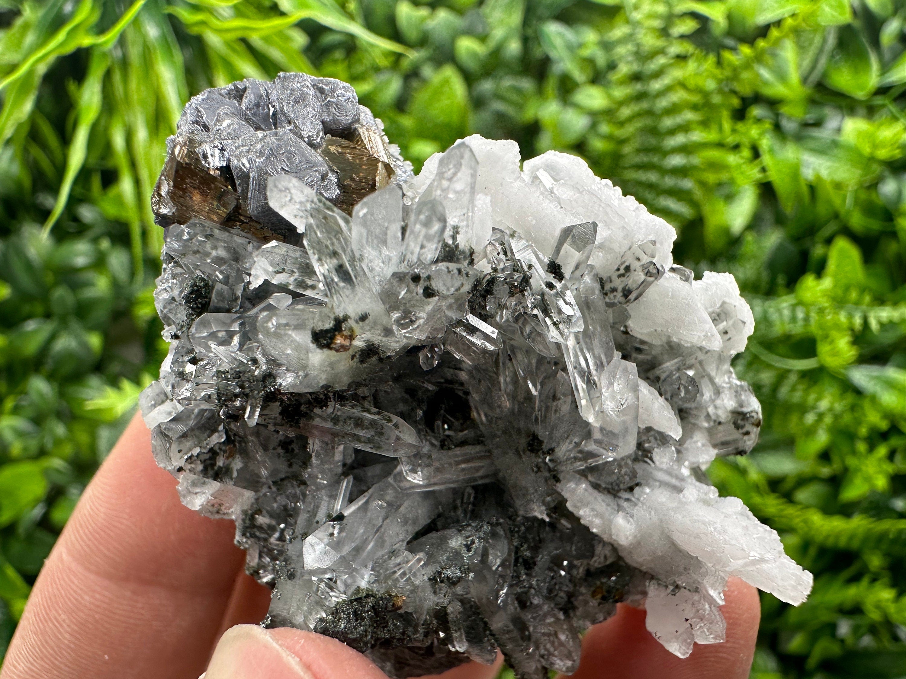 Fluorescent Galena Pyrite Calcite on Quartz - Borieva Madan Mineral