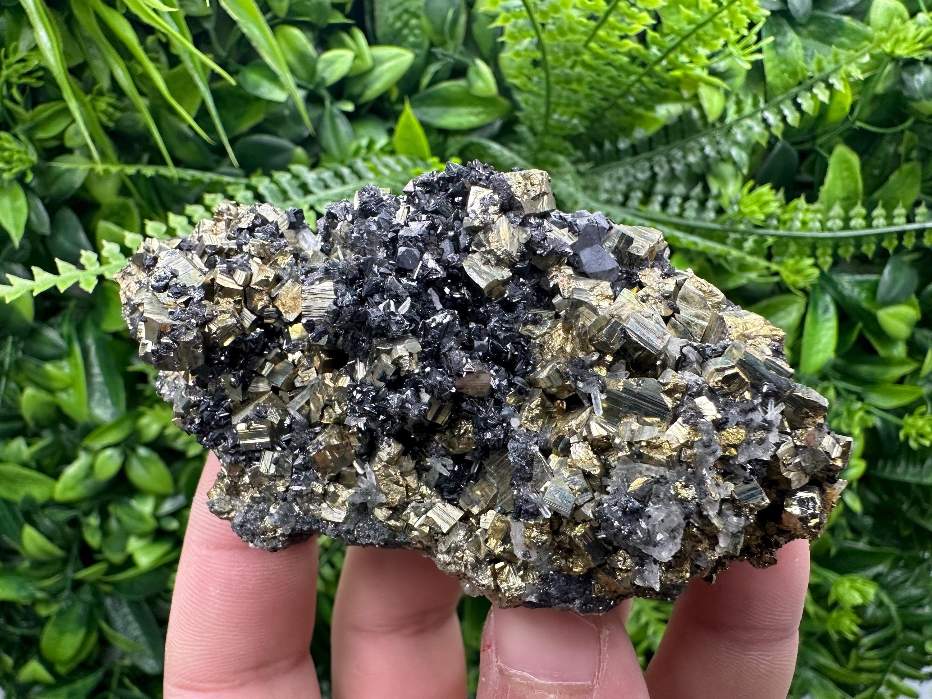 Rainbow Pyrite Cluster on Sphalerite, Quartz, Borieva Mine