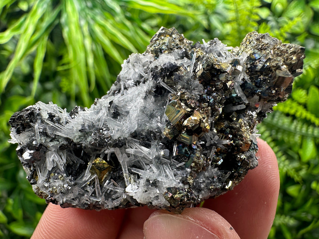 Rainbow Pyrite Sphalerite on Quartz: Natural Crystal Home Decor