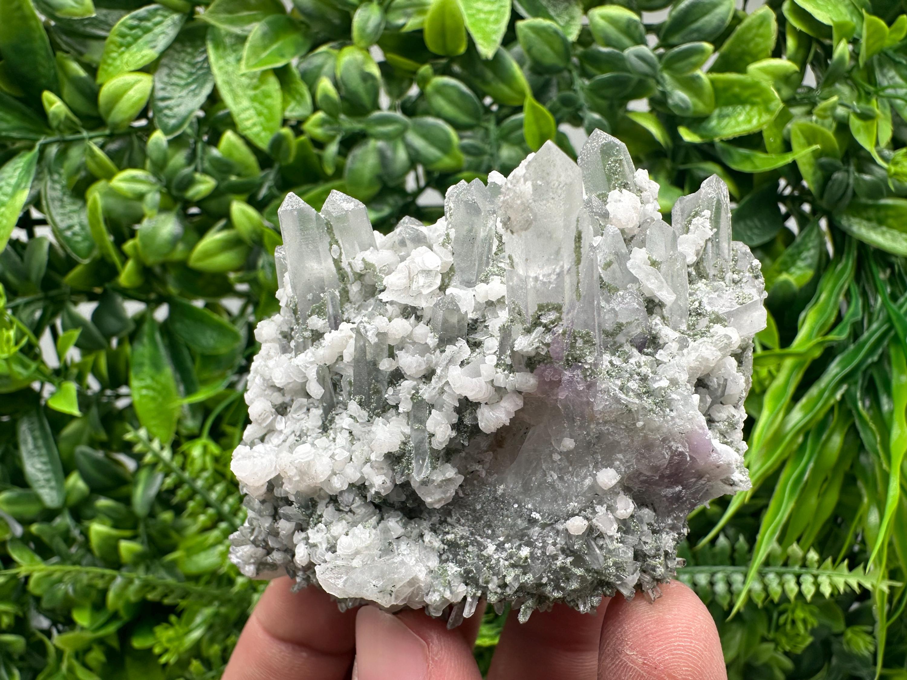 Calcite on Quartz with Amethyst and Chlorite, Bulgaria Mineral Specimen