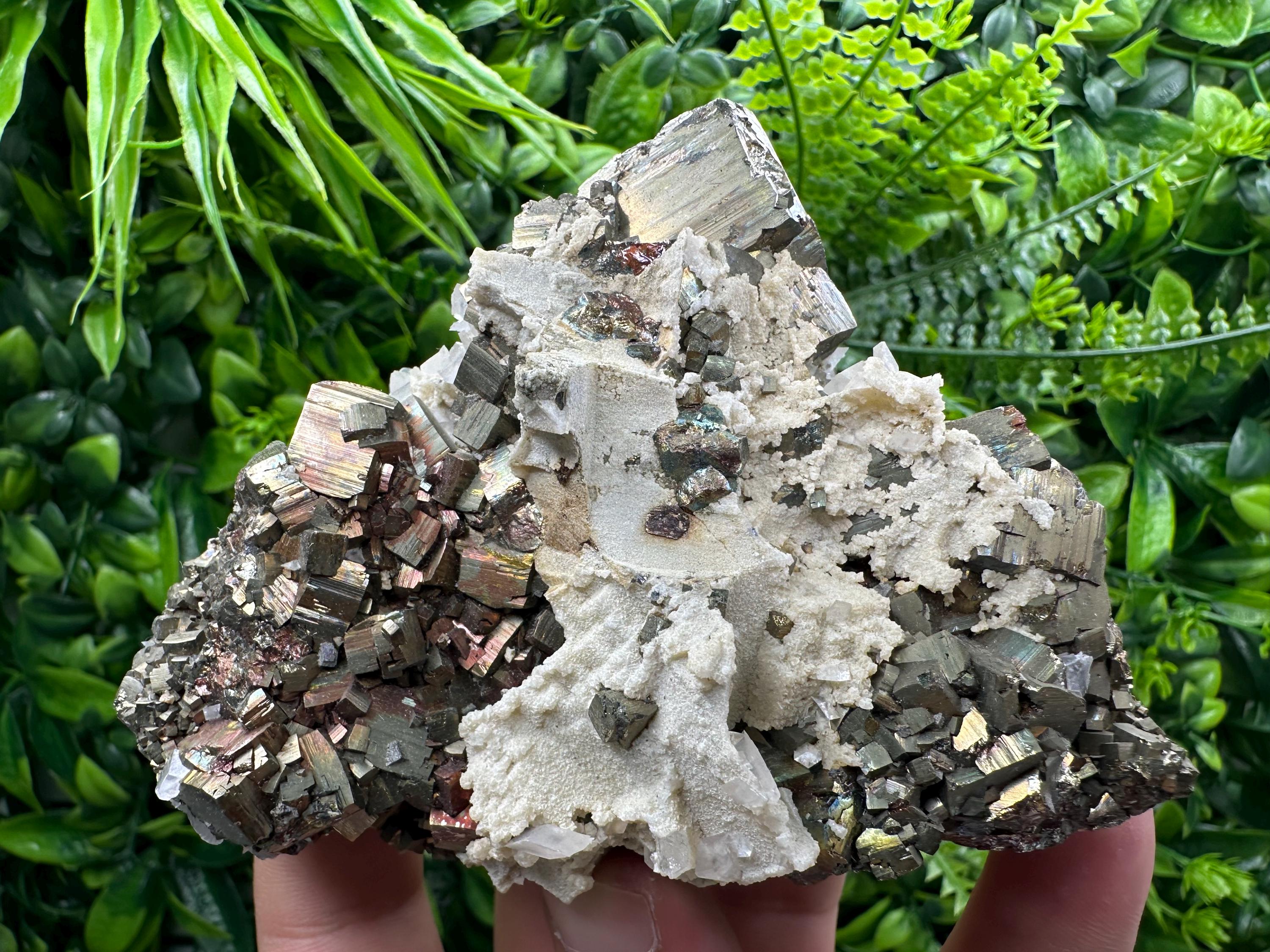 Rainbow Pyrite Cluster with Calcite - Borieva Mine, Bulgaria