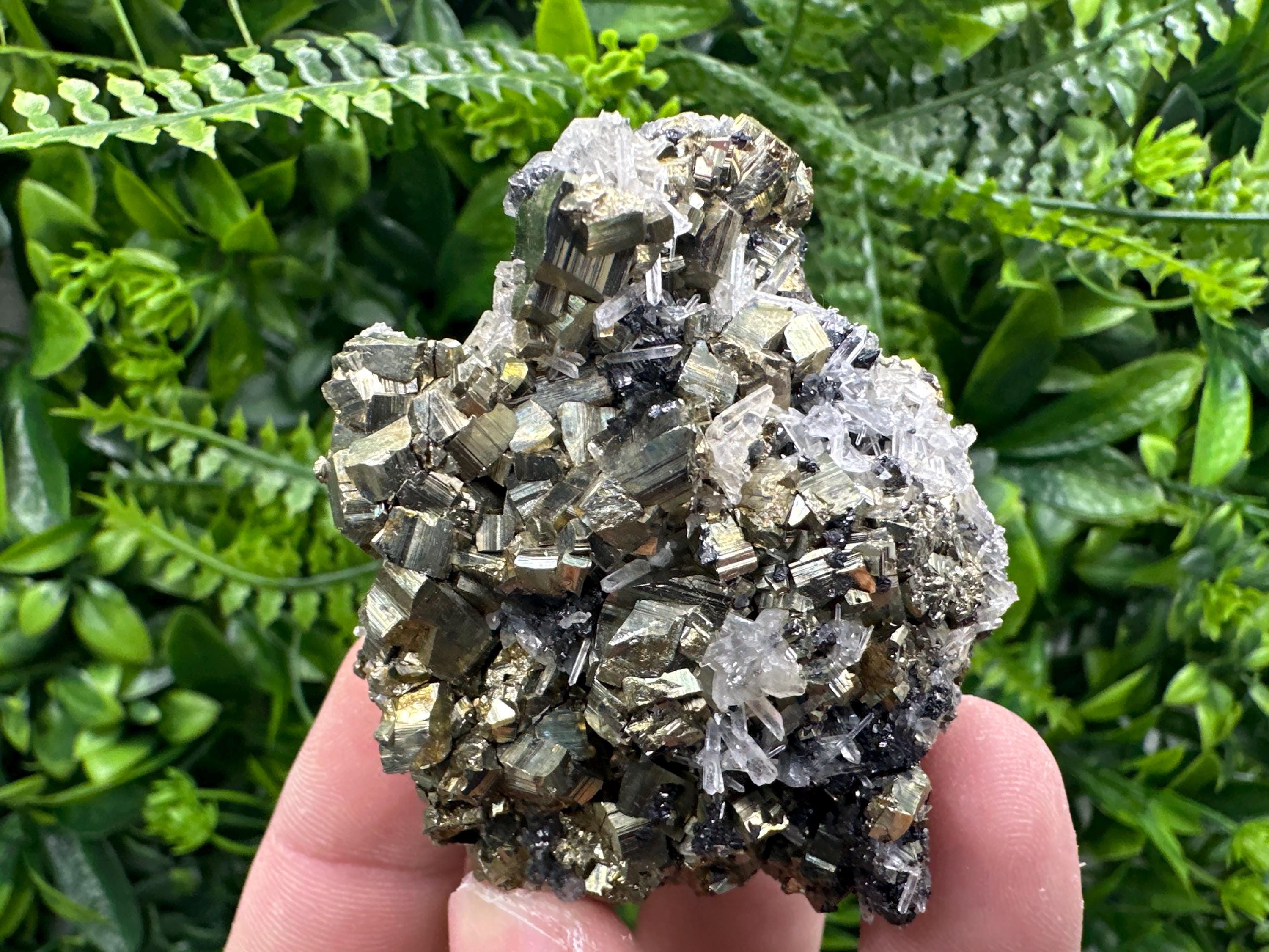 Rainbow Pyrite Cluster on Sphalerite Quartz, Bulgaria Mineral Specimen