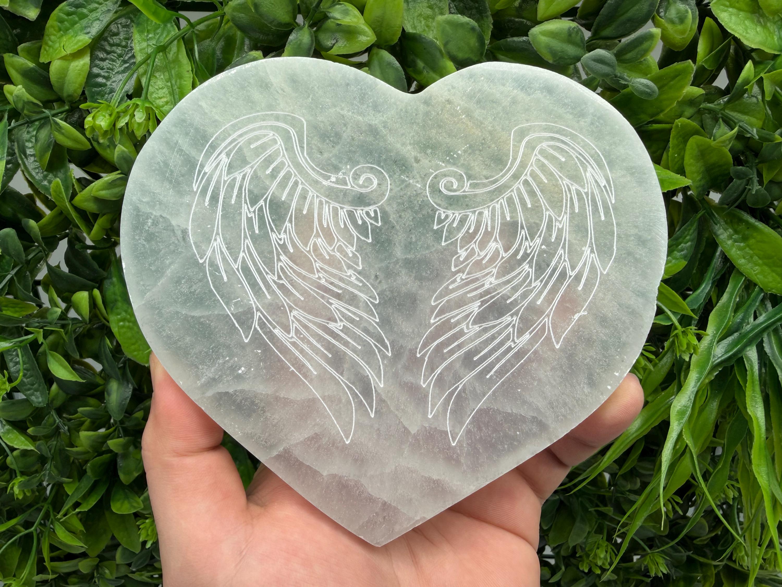 Selenite Heart with Angel Wings Selenite Charging Plate Crystal Charging Dish – Reiki Healing Crystal – Spiritual Altar Decor Angel Energy