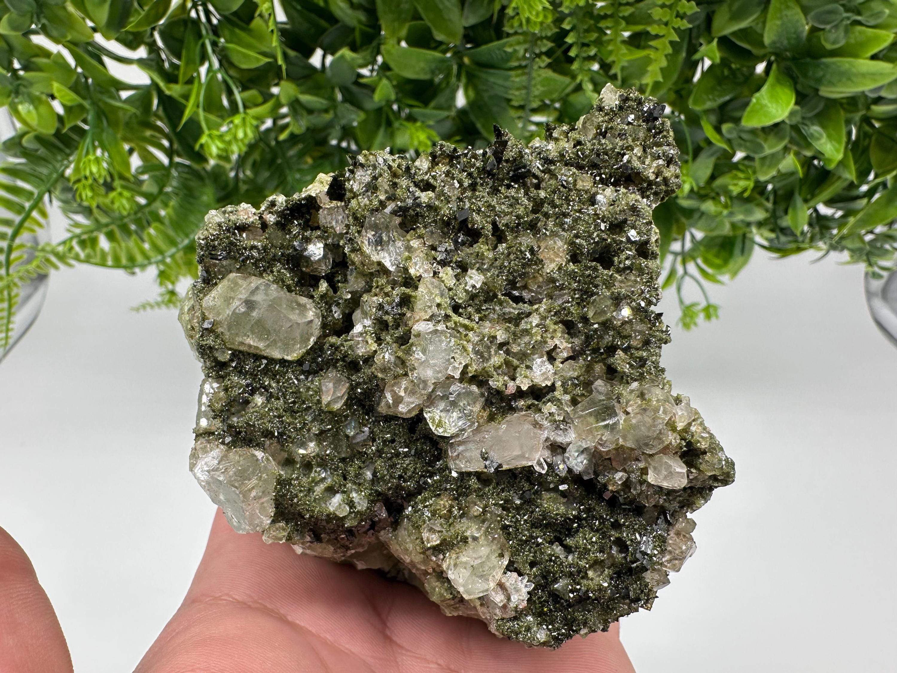 Green Epidote with Quartz Crystals: Sparkly Rainbow Mineral Decor