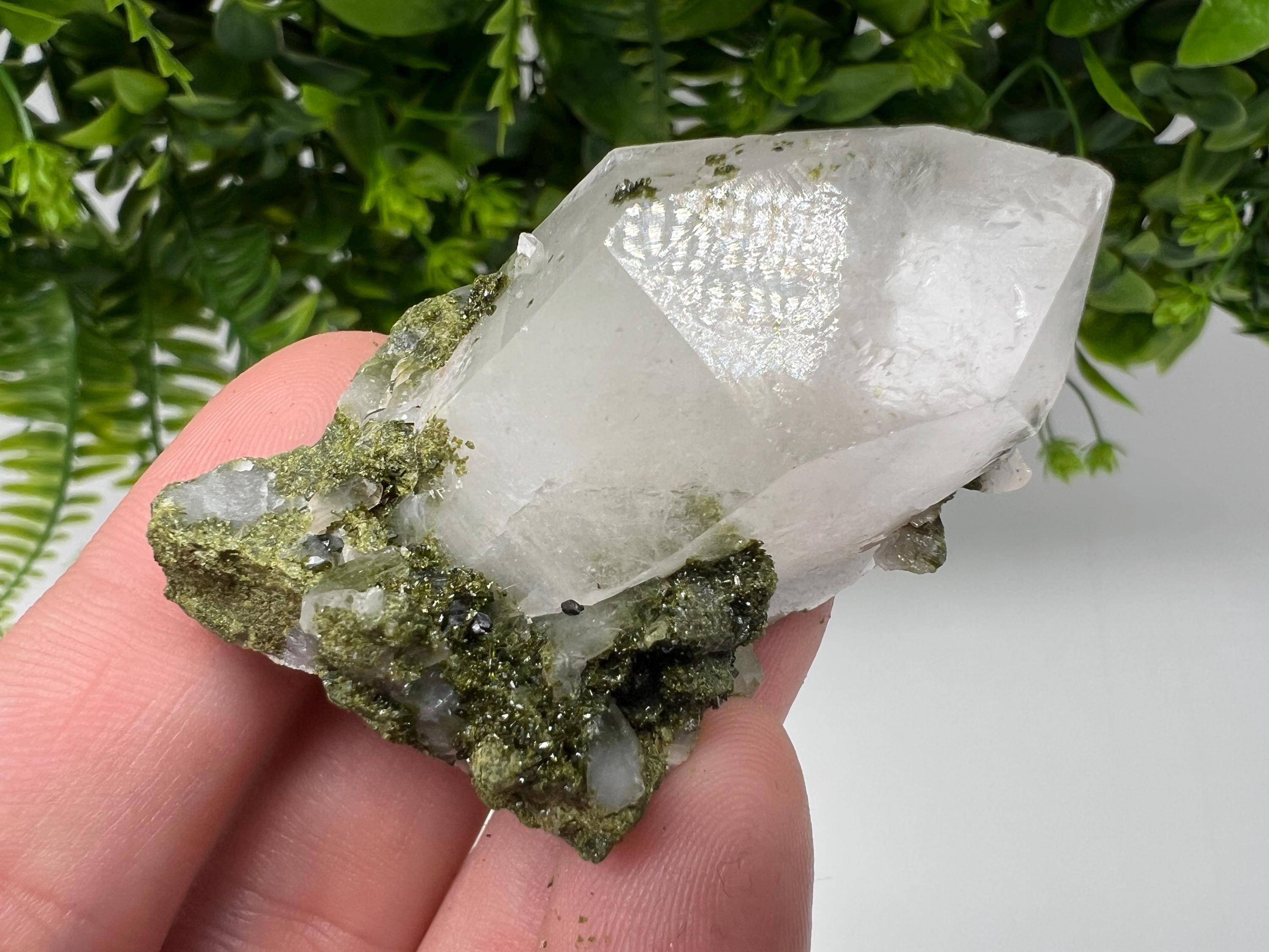 Rare Green Epidote with Quartz Crystals, Sparkly Rainbow Stone, Turkey