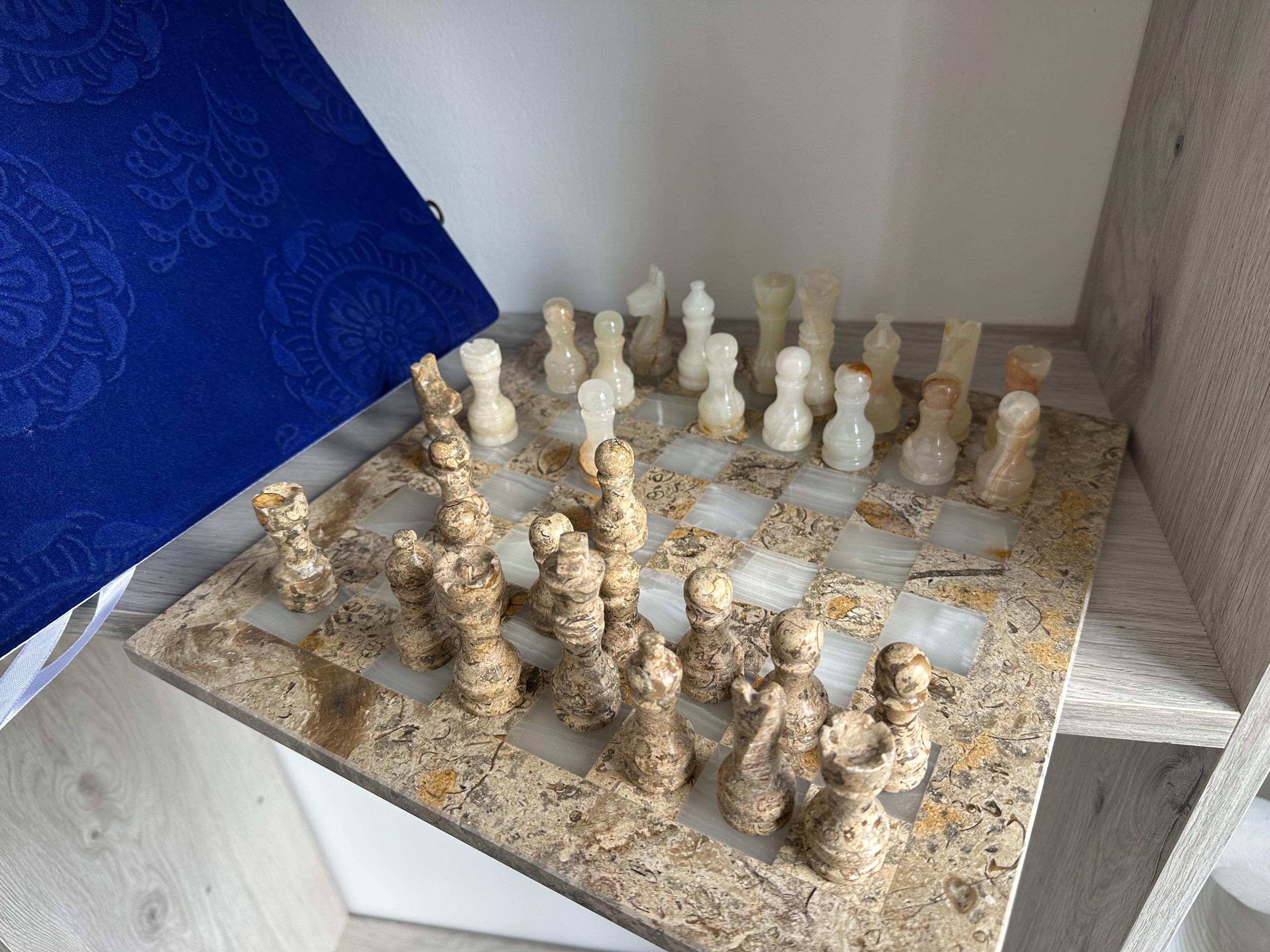 Handmade Onyx & Fossil Chess Set with Chessboard