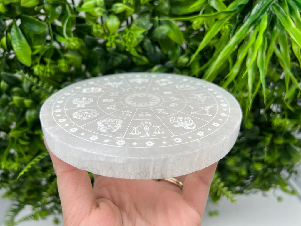 Engraved Selenite Zodiac Disc: Energy Crystal Healing Decor (14cm)