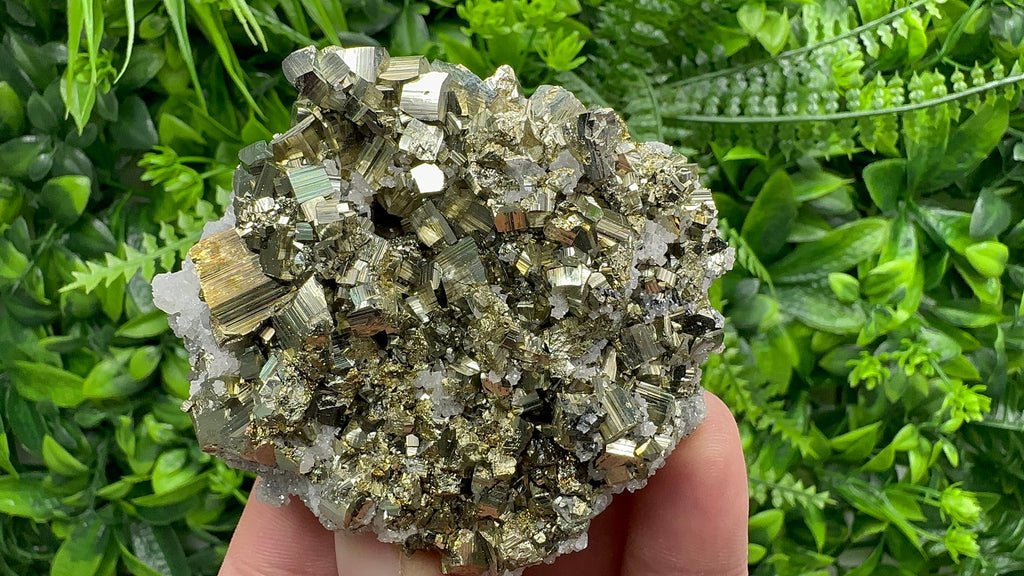 Rainbow Pyrite on Calcite Cluster, Bulgaria Mineral Specimen