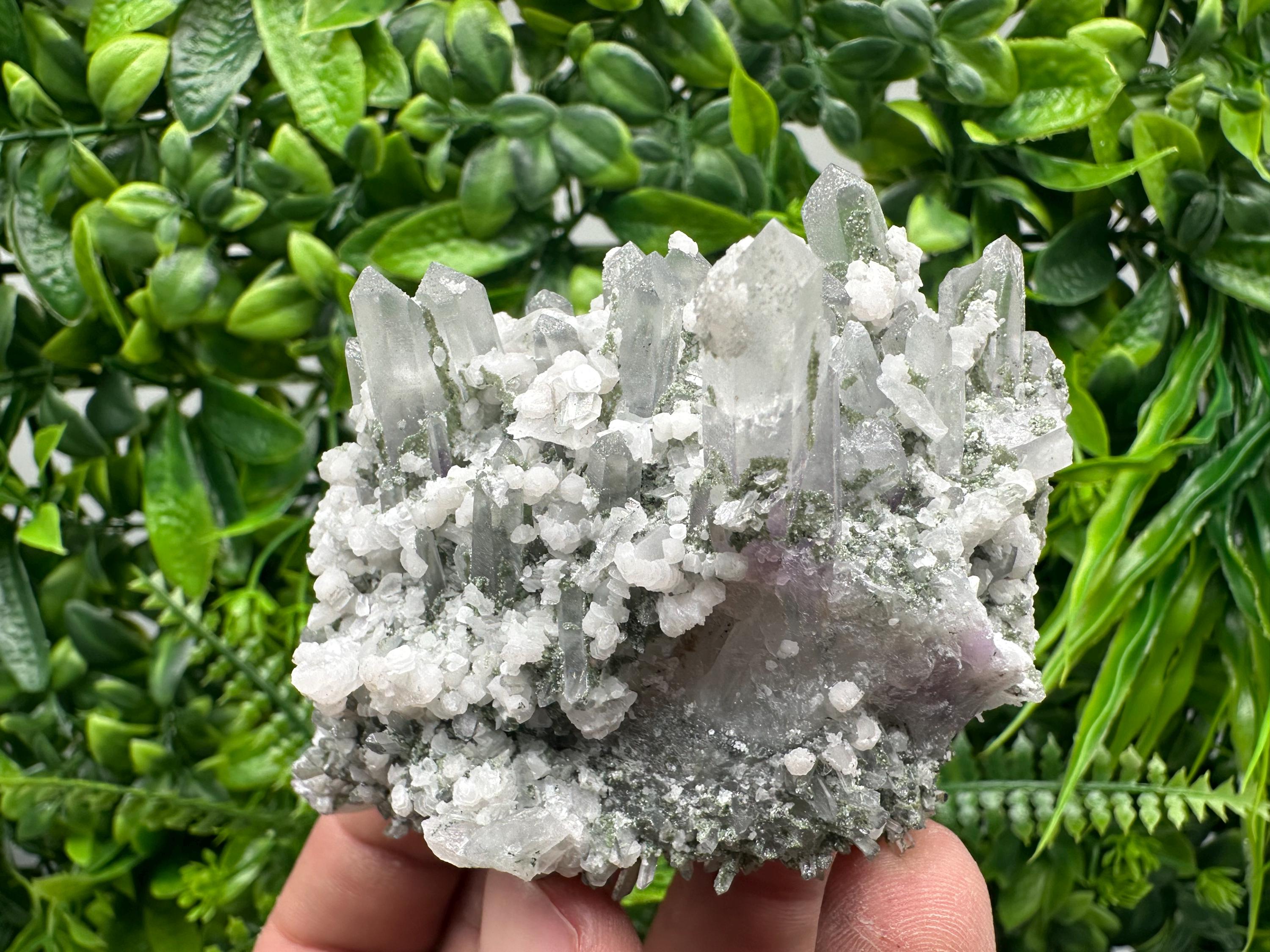 Calcite on Quartz with Amethyst and Chlorite, Bulgaria Mineral Specimen