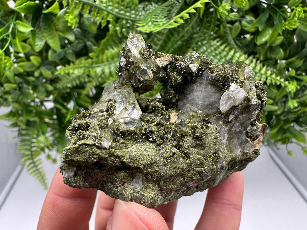 Rare Green Epidote with Quartz Crystals: Sparkly Rainbow Stone Decor