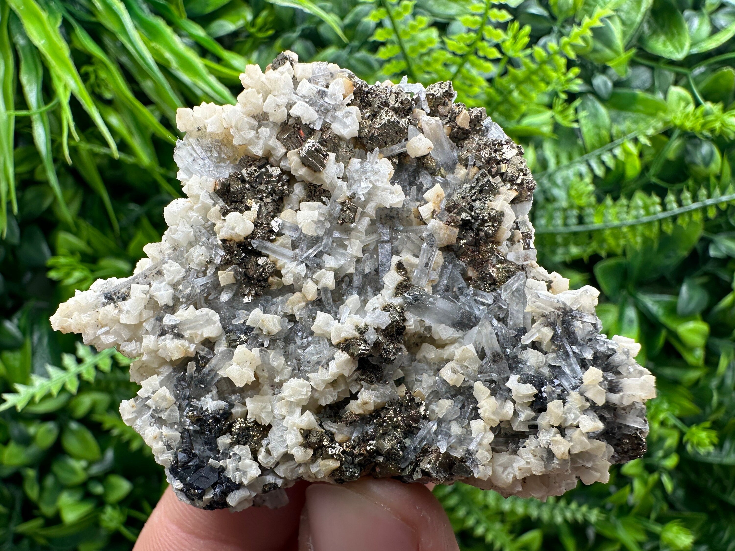 Pyrite, Calcite, Sphalerite on Quartz, Borieva Mine, Bulgaria