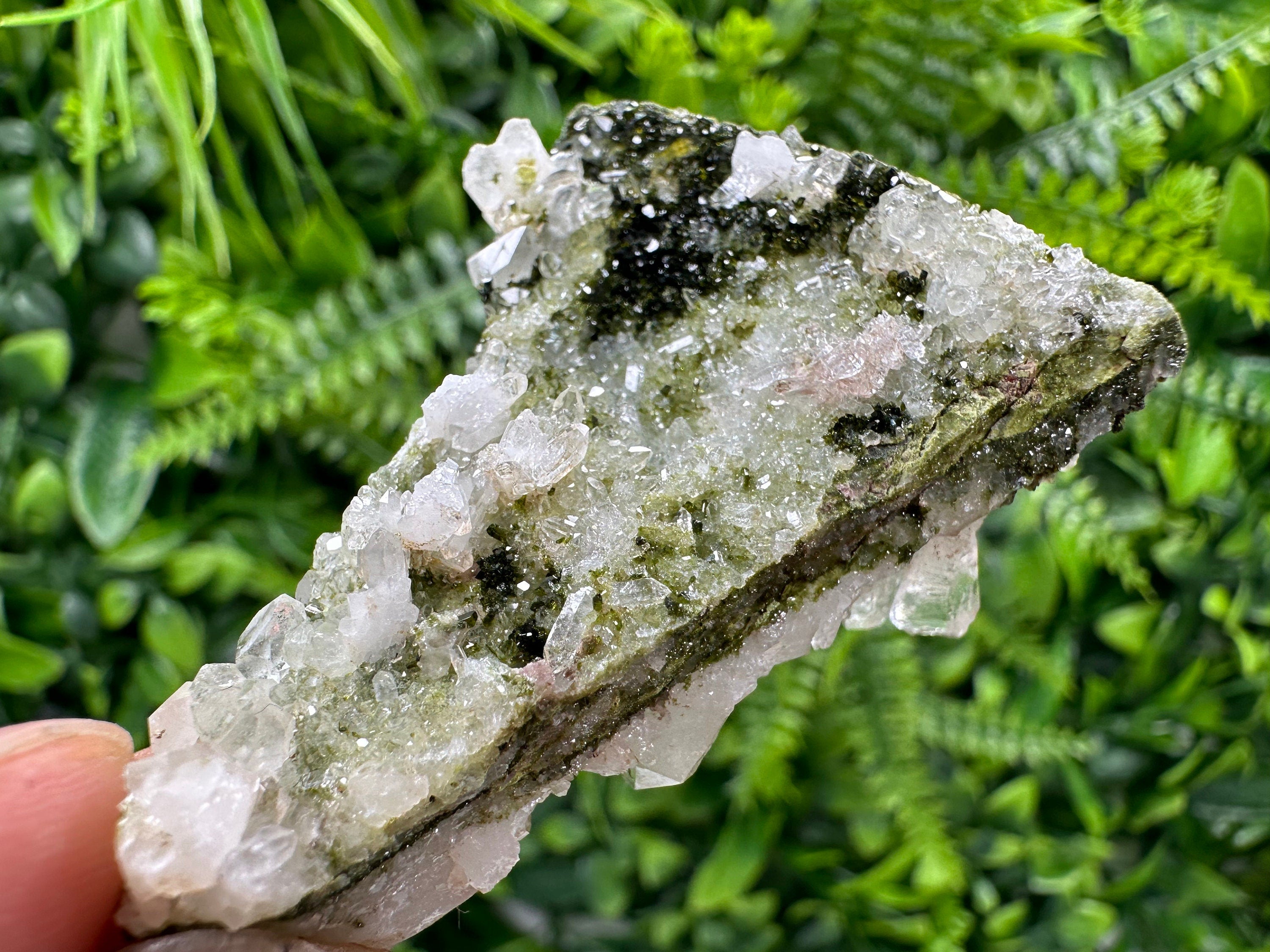Rare Green Epidote with Quartz Crystals: Sparkly Rainbow Stone Decor