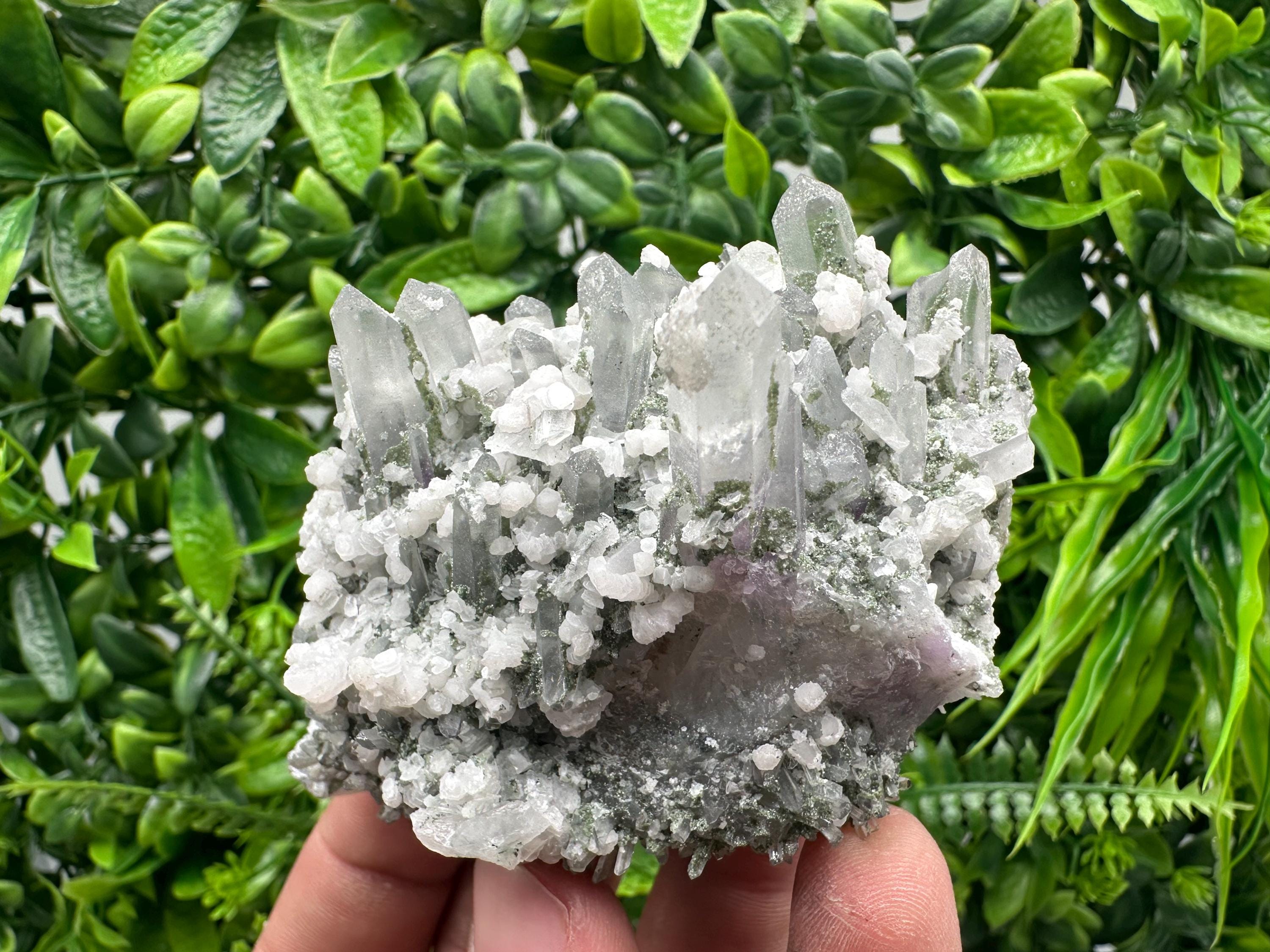 Calcite on Quartz with Amethyst and Chlorite, Bulgaria Mineral Specimen