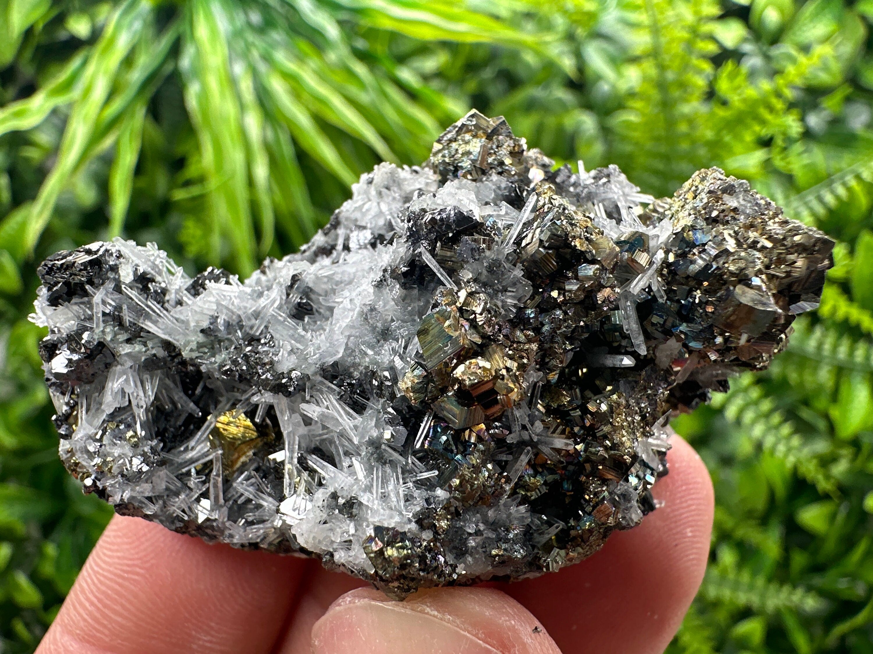 Rainbow Pyrite Sphalerite on Quartz: Natural Crystal Home Decor