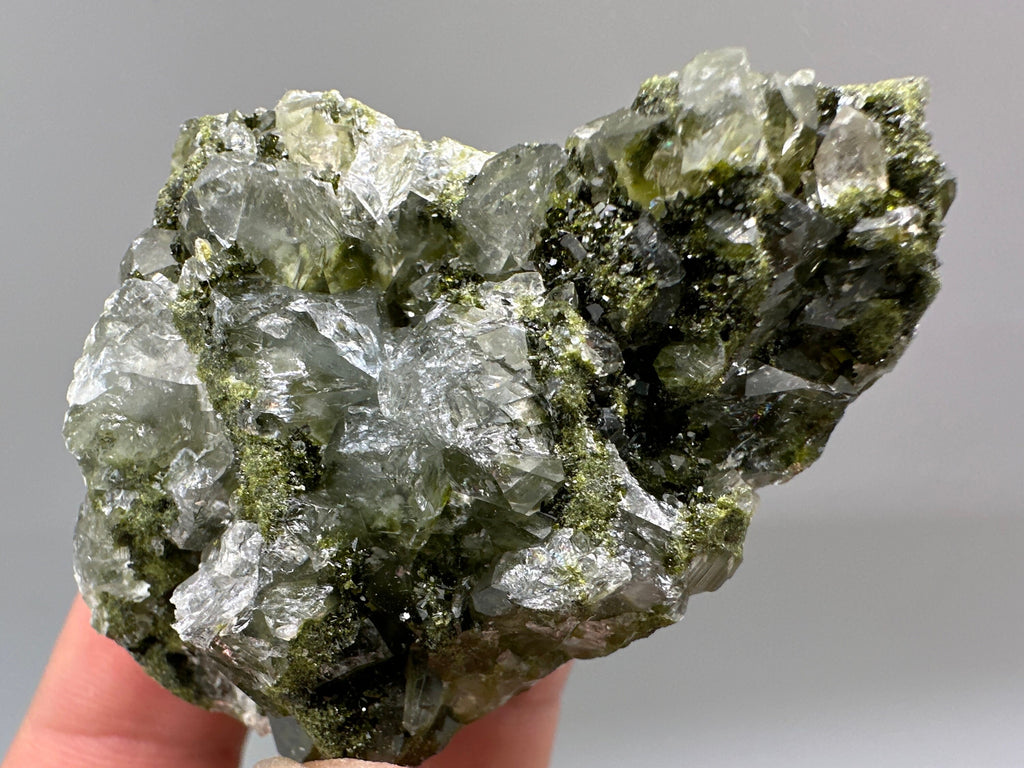 Rare Green Epidote with Quartz Crystals: Sparkly Rainbow Mineral Decor