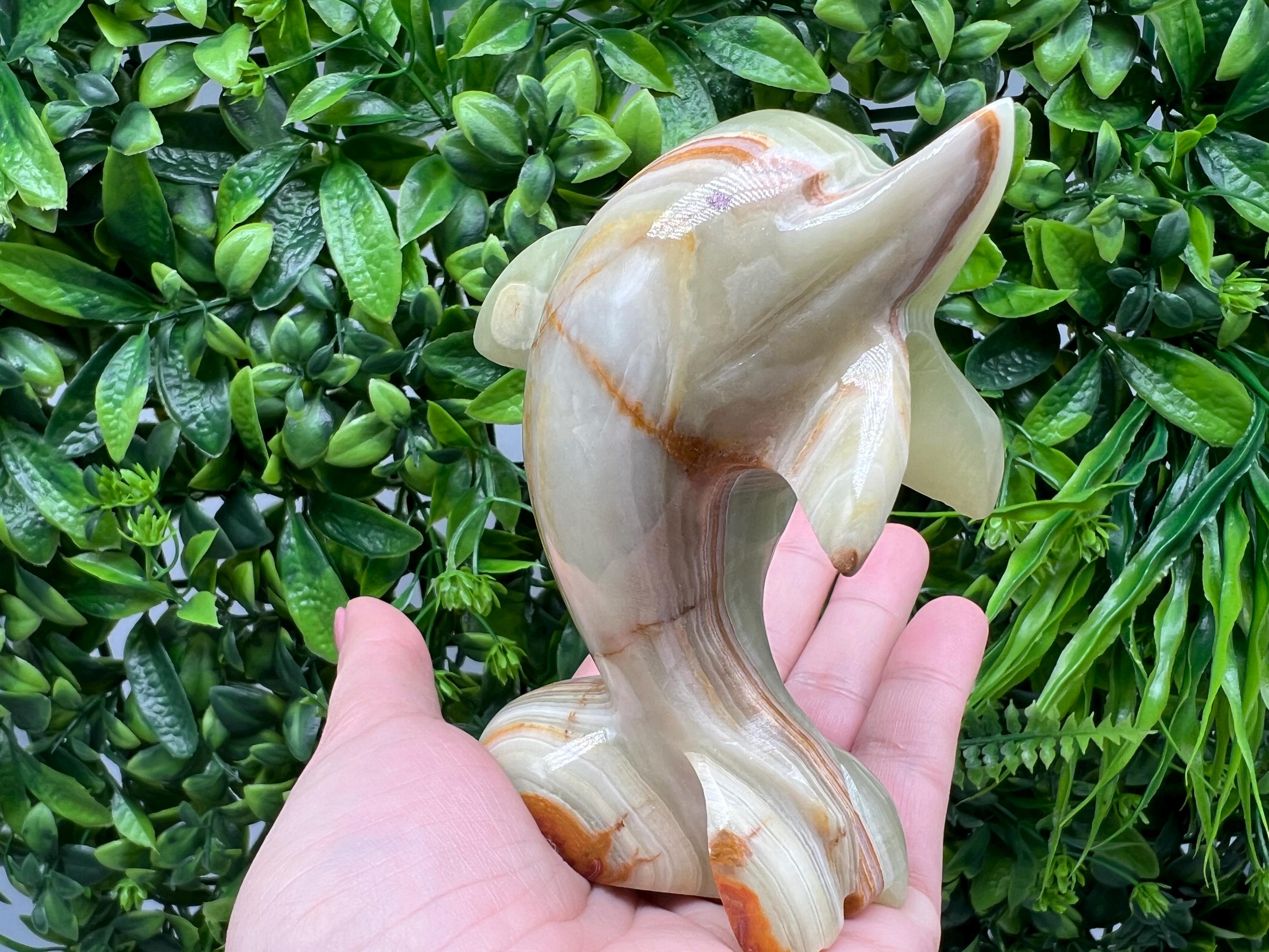 Vintage Onyx Marble Dolphin Figurine: Green & Brown Home Decor