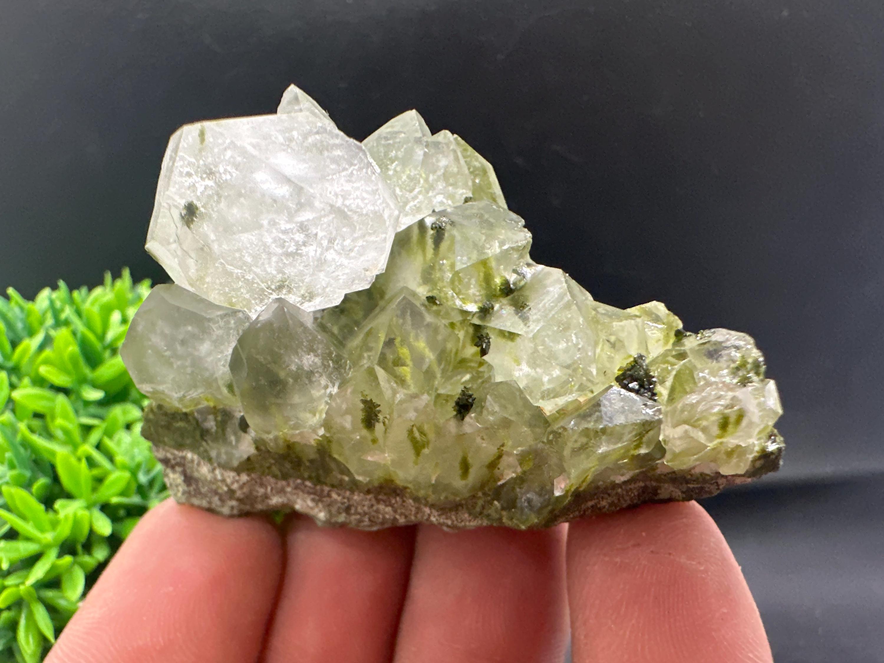 Rare Green Epidote with Quartz Crystals: Sparkly Rainbow Mineral Decor