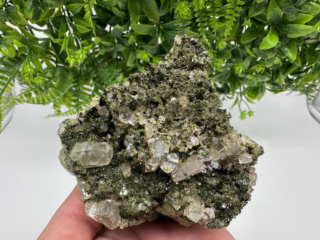 Green Epidote with Quartz Crystals: Sparkly Rainbow Mineral Decor