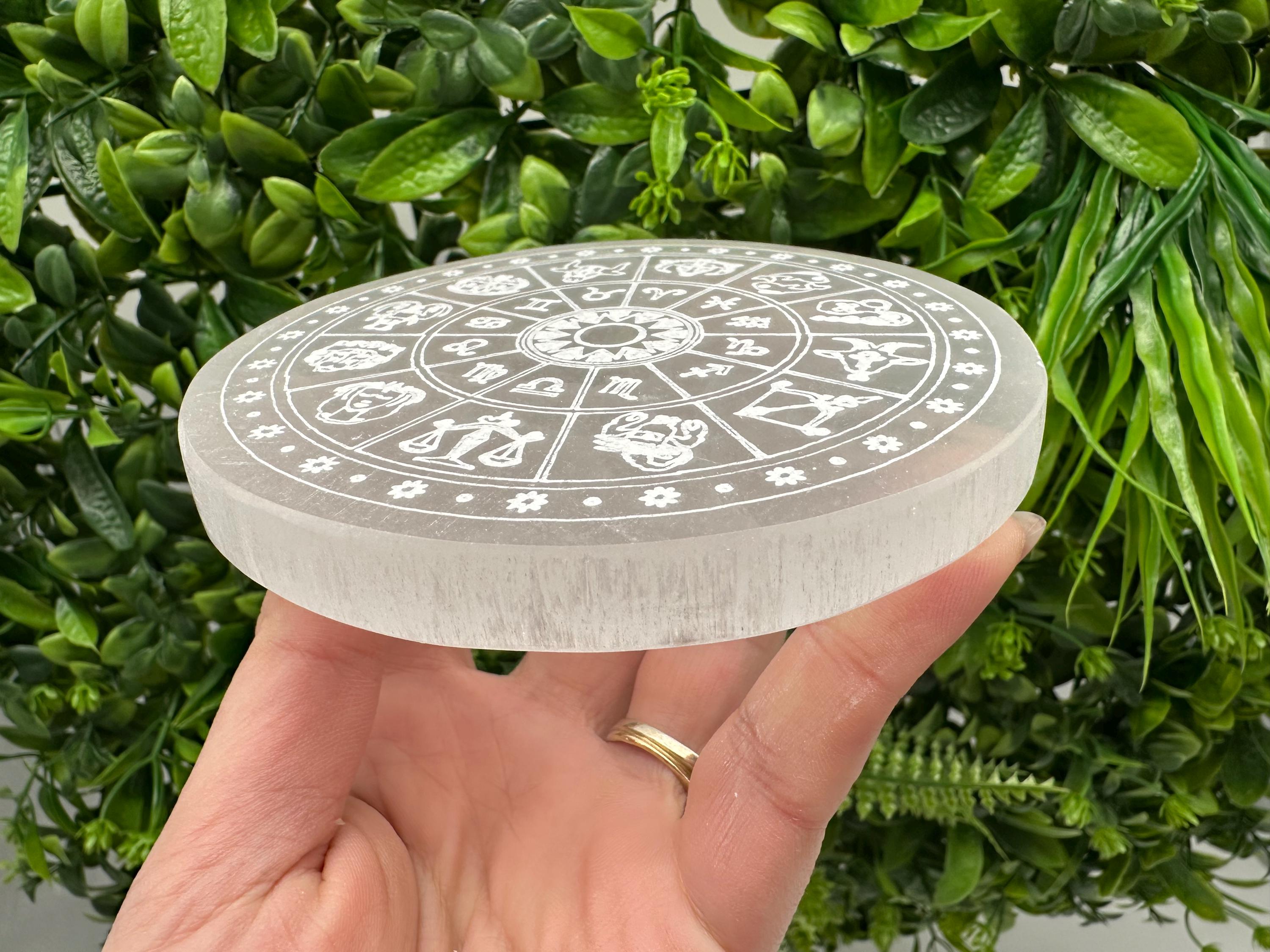 Natural Selenite Zodiac Disc (12cm): Engraved Crystal Decor