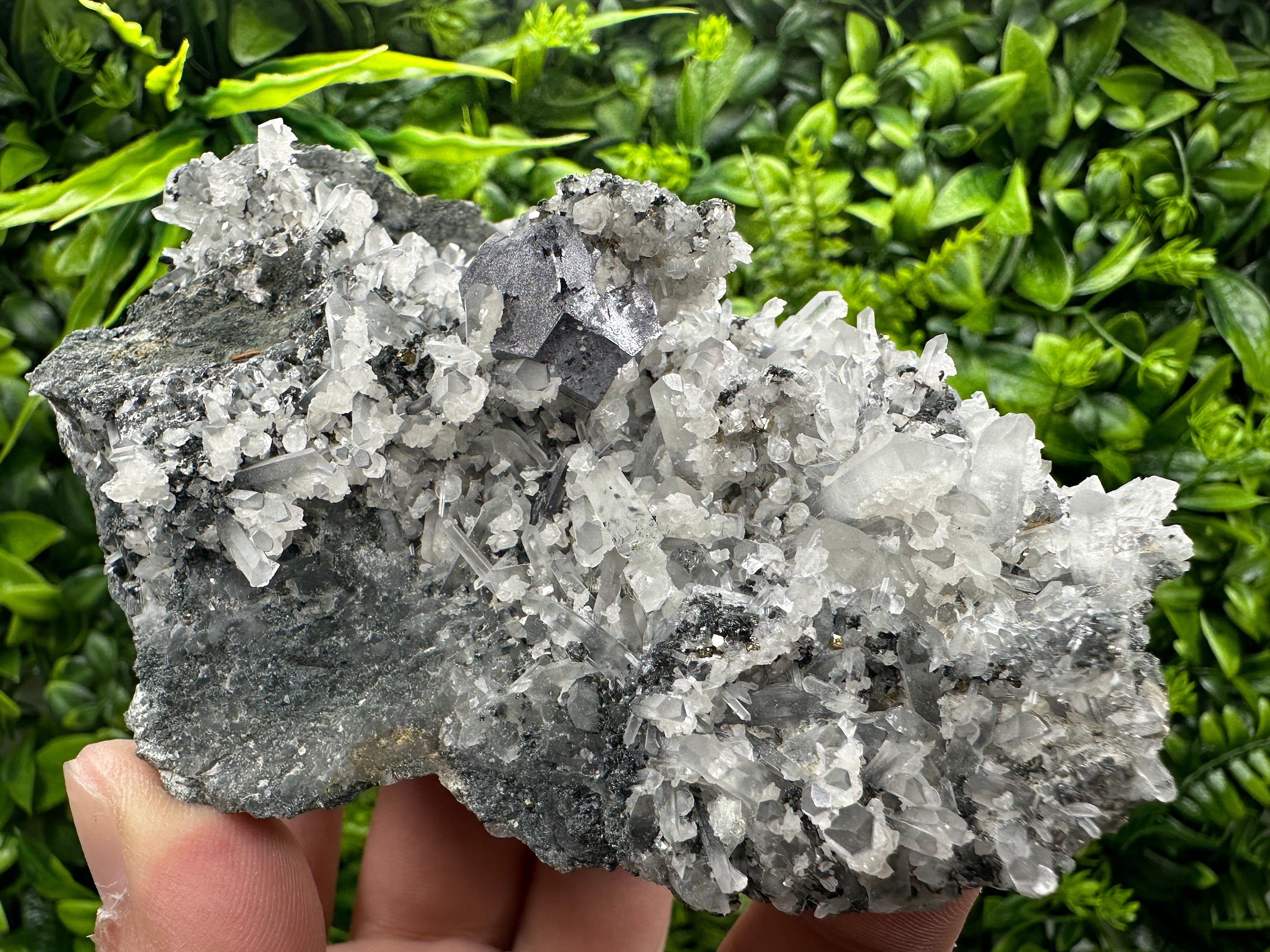 Galena on Quartz Specimen with Calcite, Madan Bulgaria