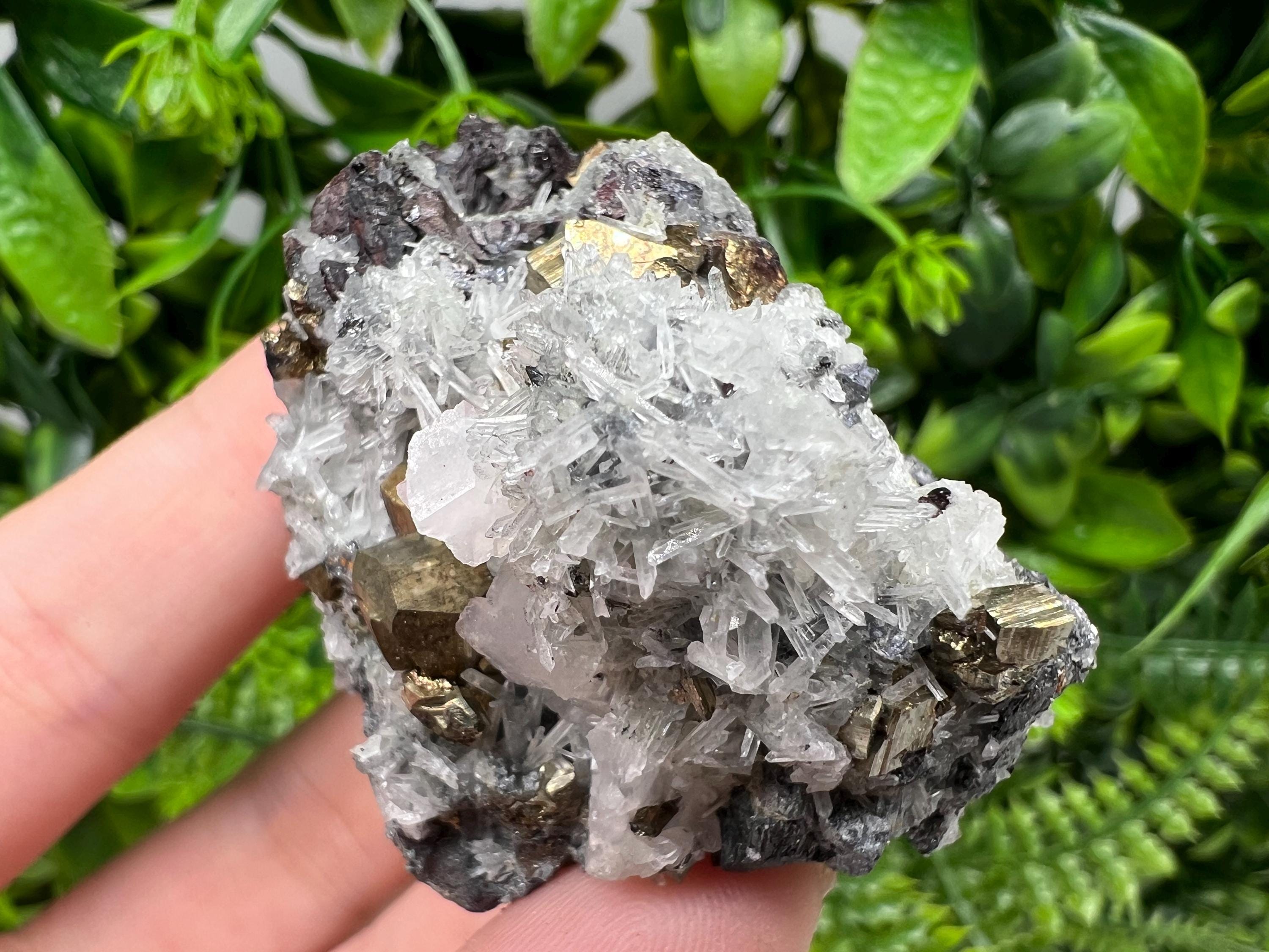 Pyrite on Quartz and Calcite Mineral Specimen, Borieva Mine Bulgaria