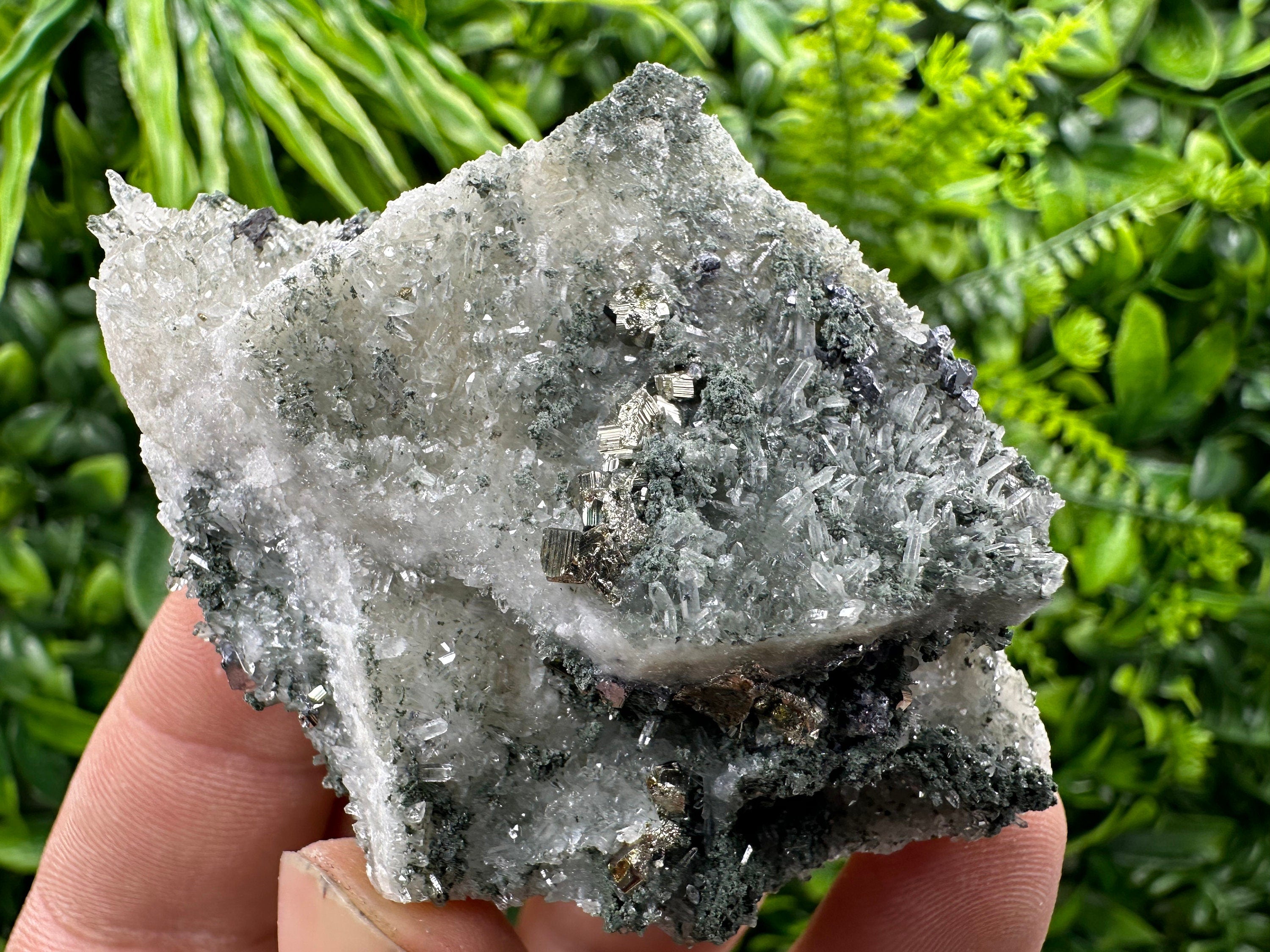 Pyrite on Green Quartz Mineral Specimen, Borieva Mine Bulgaria