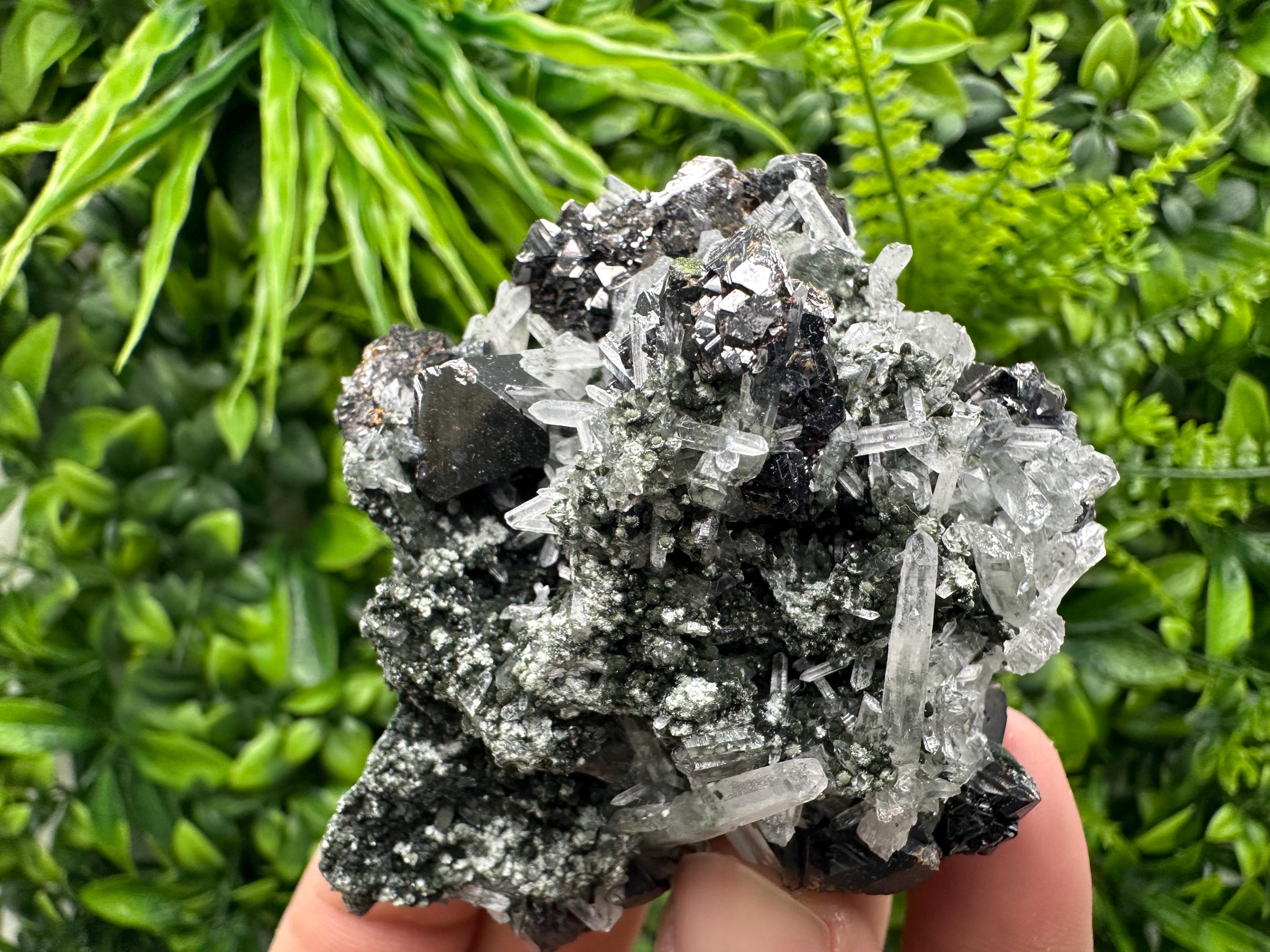 Black Sphalerite with Quartz Cluster, Natural Mineral Specimen