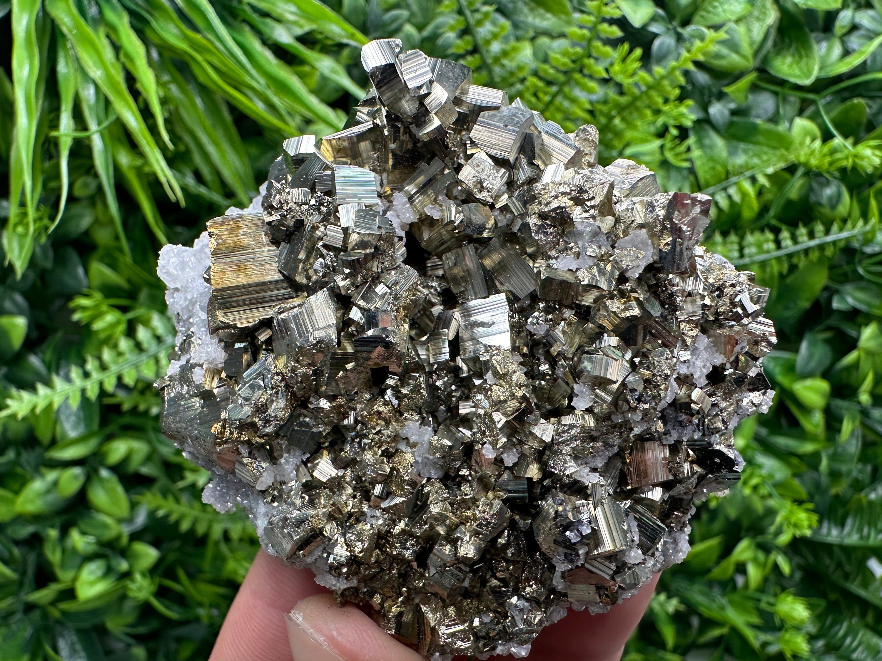 Rainbow Pyrite on Calcite Cluster, Bulgaria Mineral Specimen