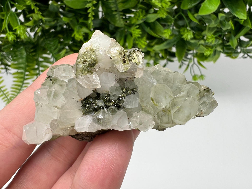 Rare Green Epidote with Quartz Crystals - Sparkly Rainbow Mineral Decor