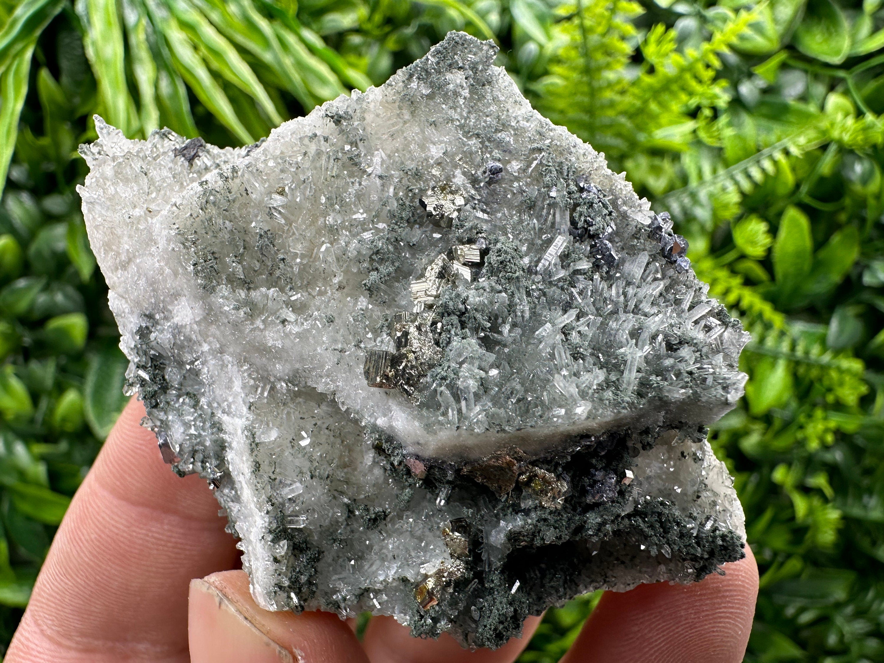 Pyrite on Green Quartz Mineral Specimen, Borieva Mine Bulgaria
