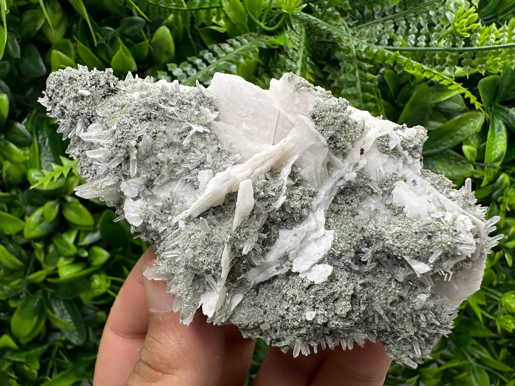 Calcite on Green Quartz: Borieva Mine Crystal Decor
