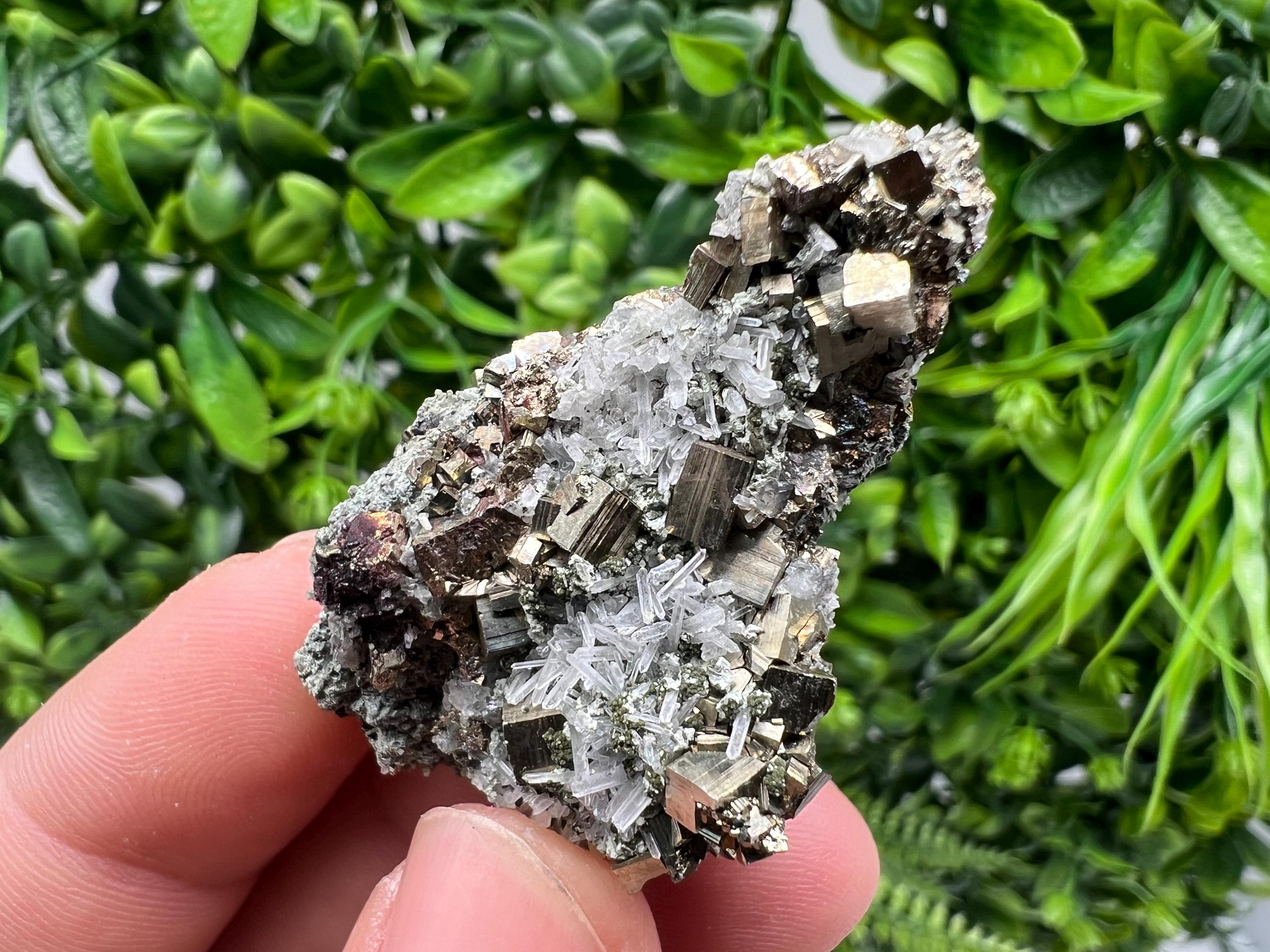 Pyrite on Green Quartz Mineral Specimen, Borieva Mine Bulgaria