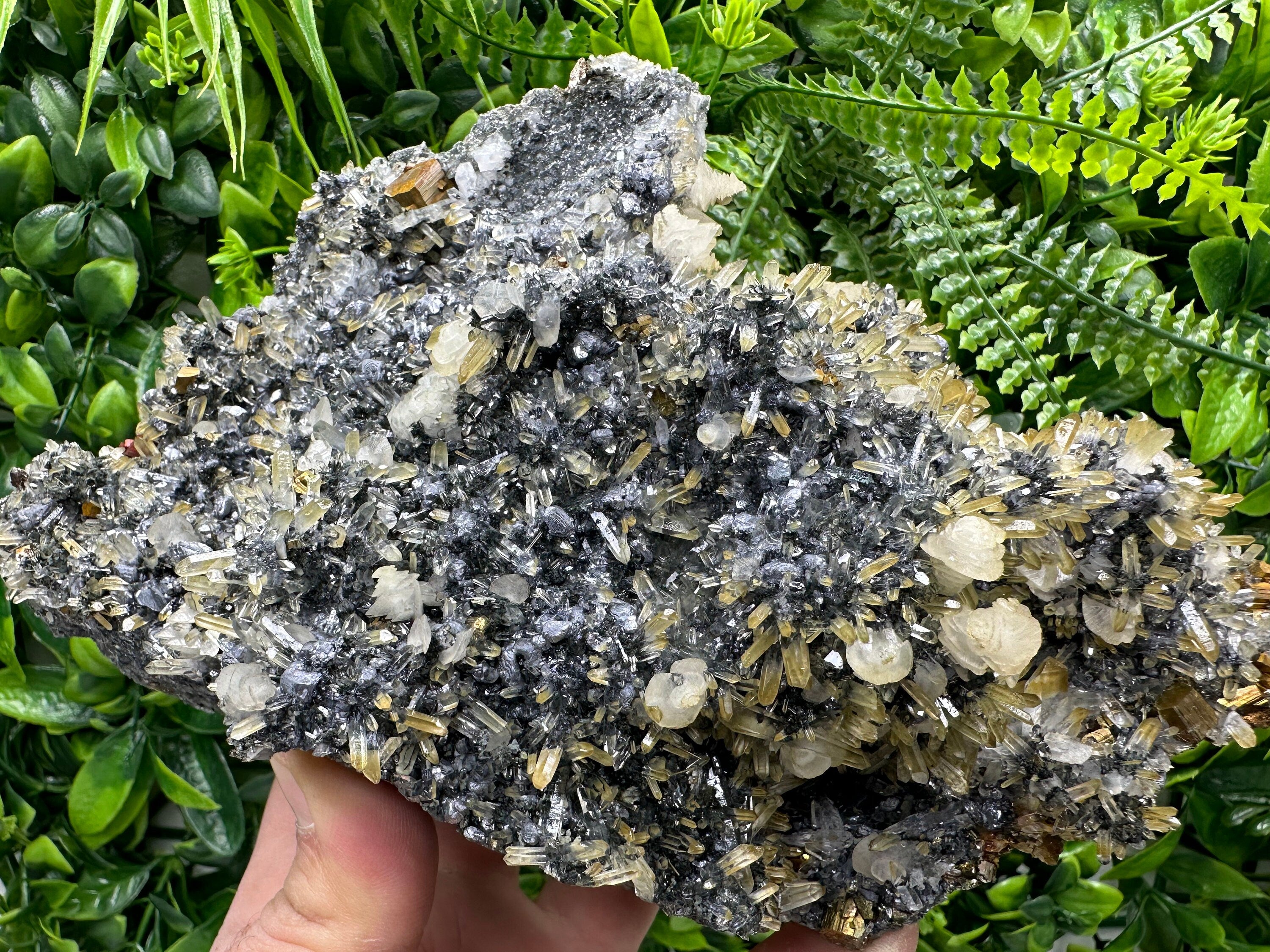 Pyrite Galena Calcite Sphalerite on Quartz Crystal: Borieva Bulgaria Decor Stone