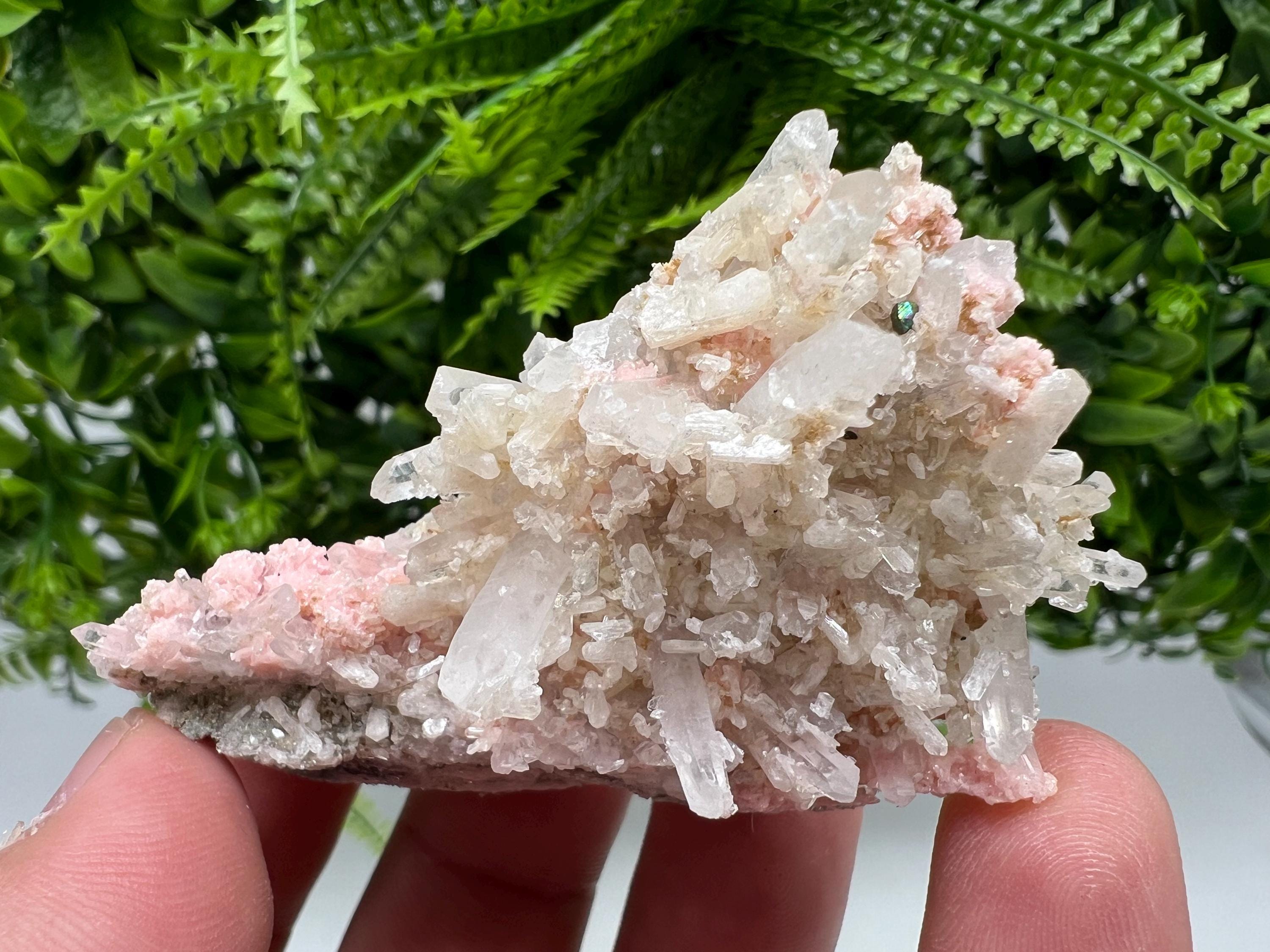One beautiful cabinet size specimen of rhodochrosite, overgrowth by well-terminated quartz crystals Starnica mine Davidcovo area Bulgaria