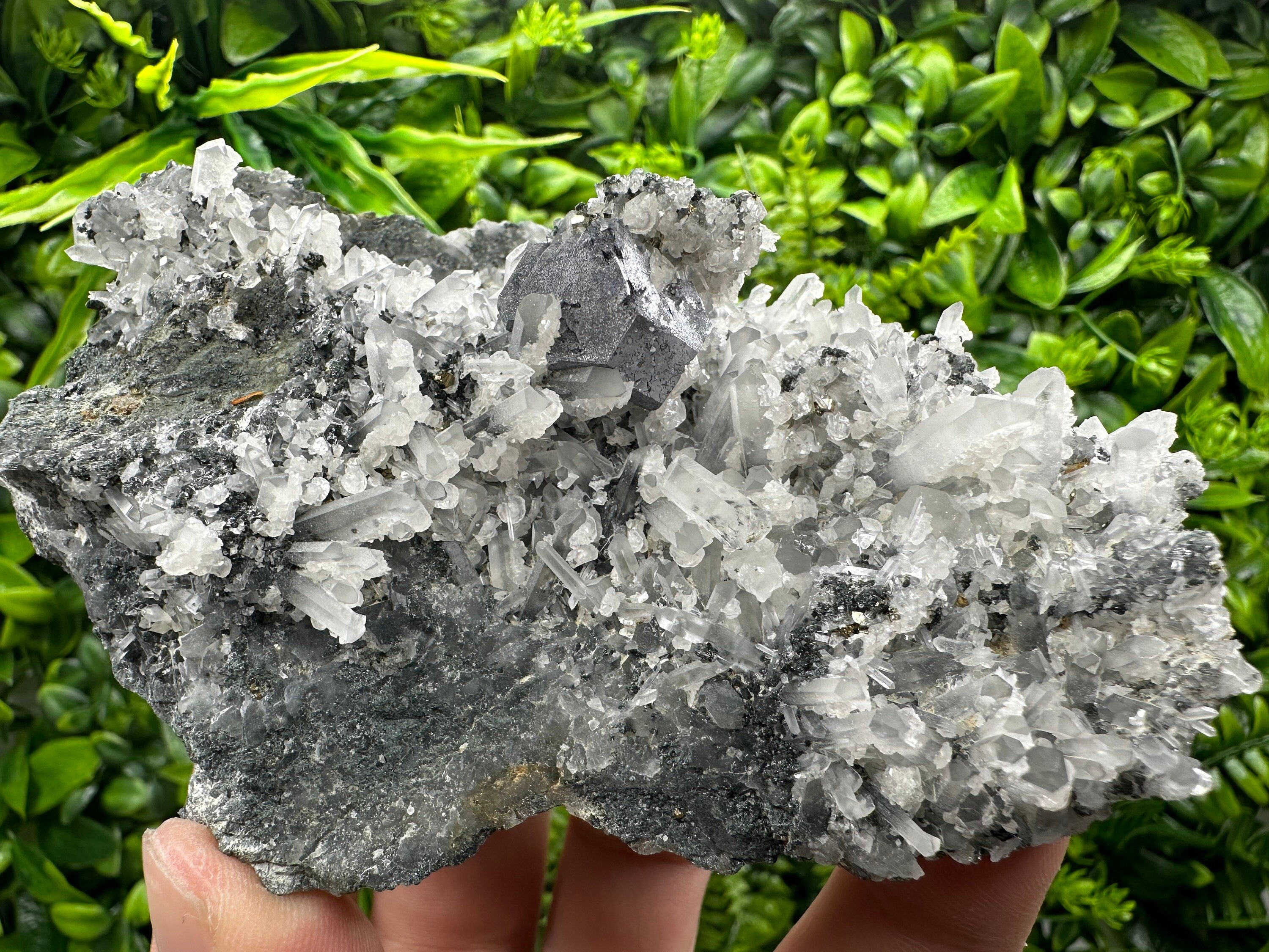 Galena on Quartz Specimen with Calcite, Madan Bulgaria